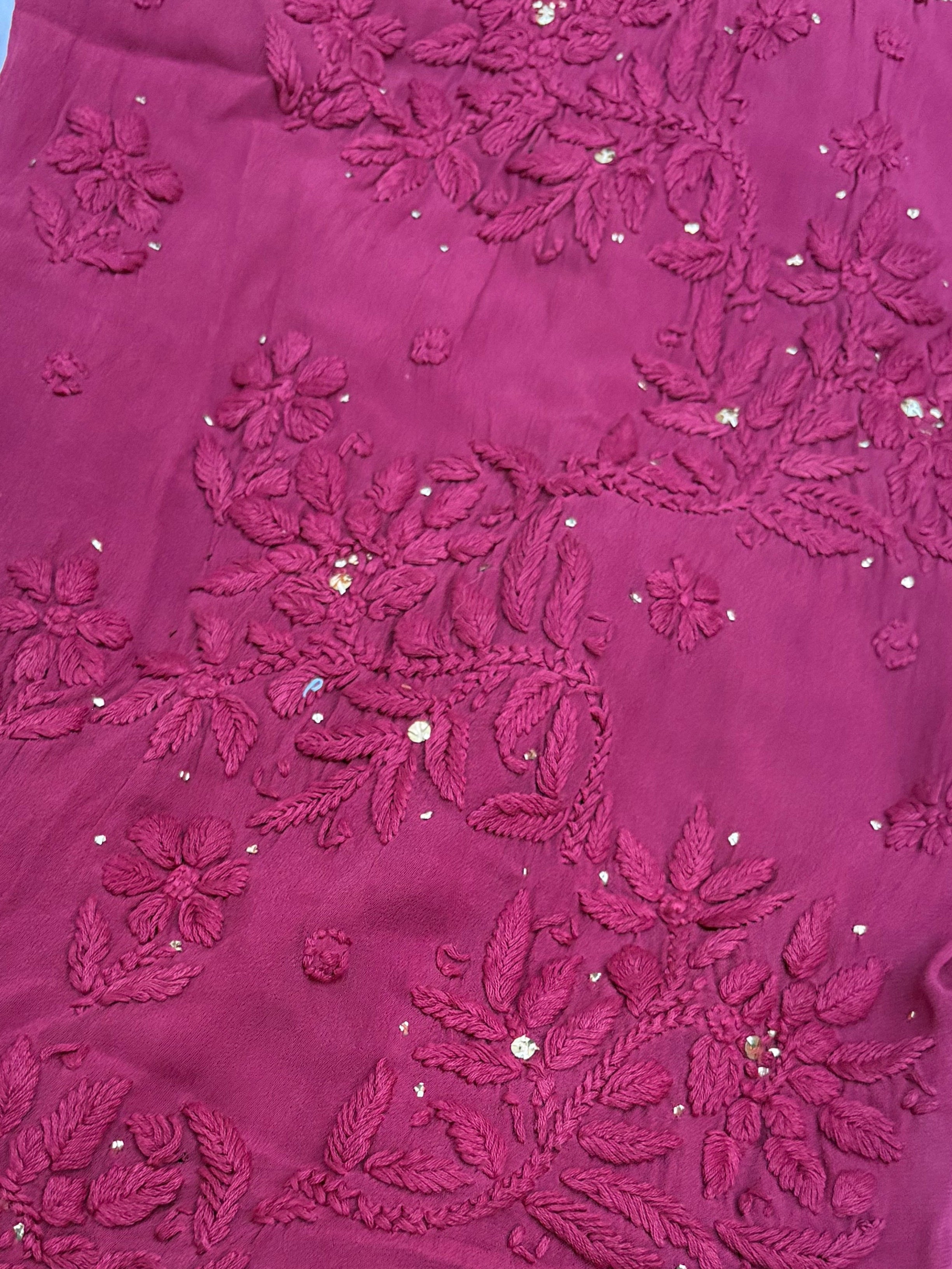 3D Viscose Georgette Mukaish Chikankari Kurta- Wine