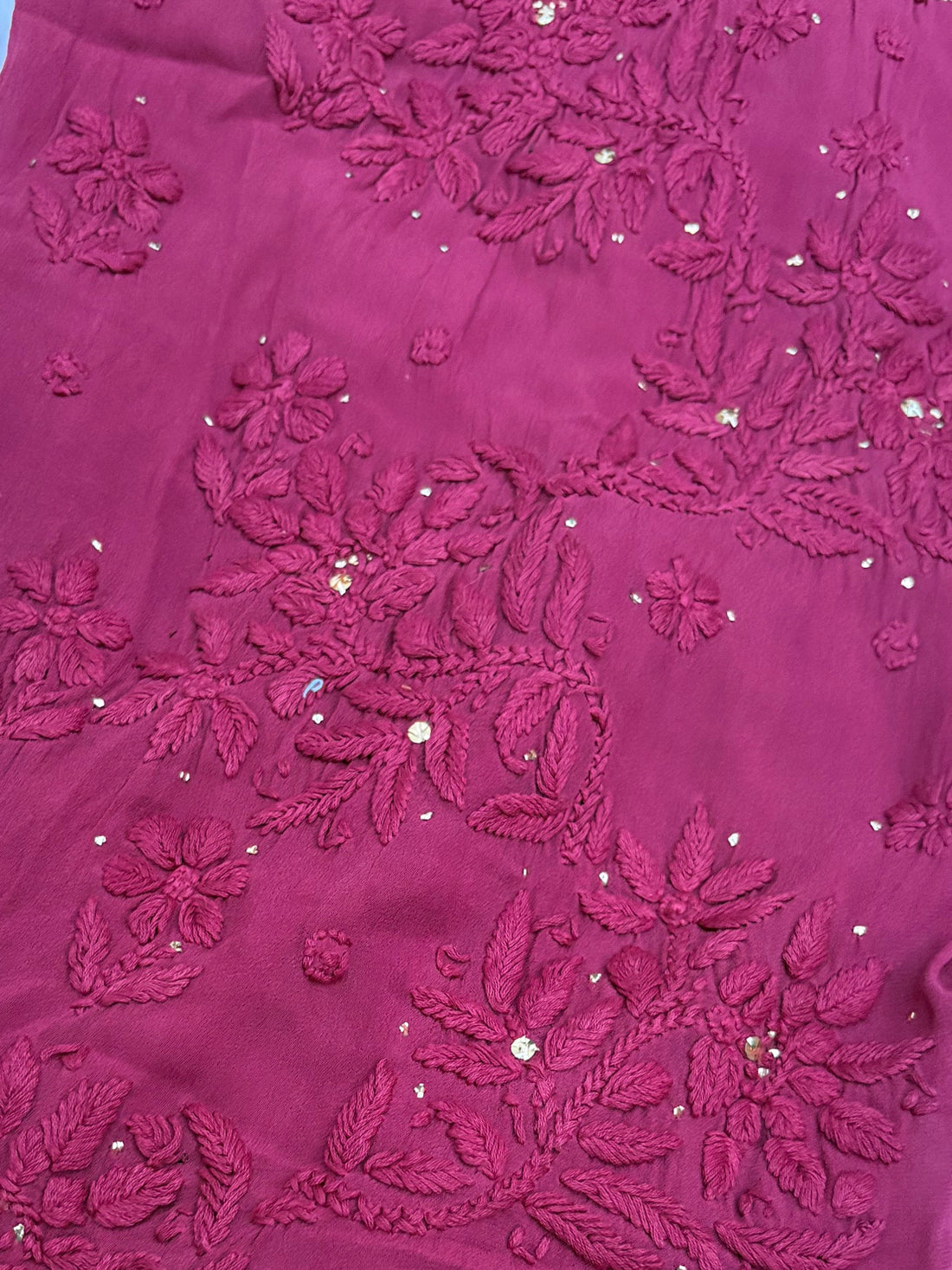 3D Viscose Georgette Mukaish Chikankari Kurta- Wine