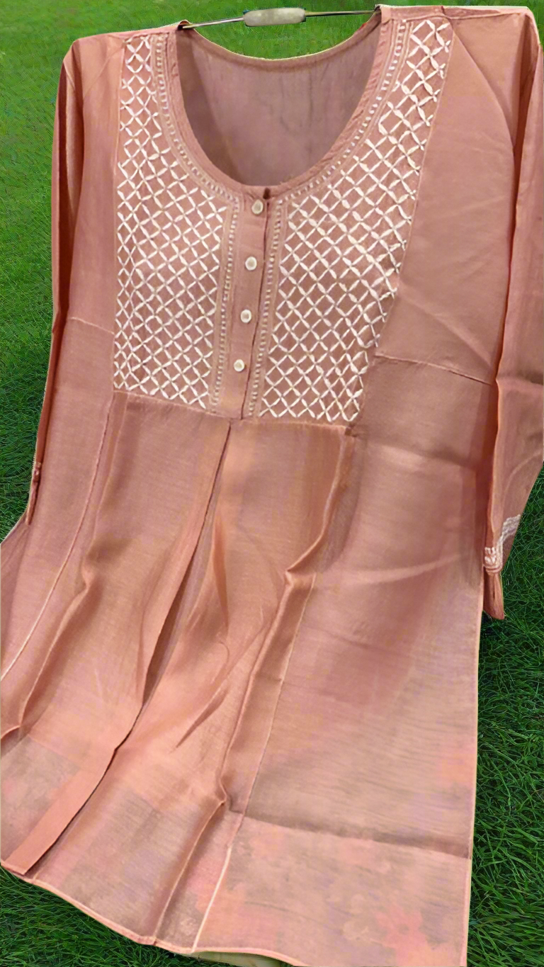 Tunic Style Chanderi Silk Chikankari Short Kurta-BEIGE