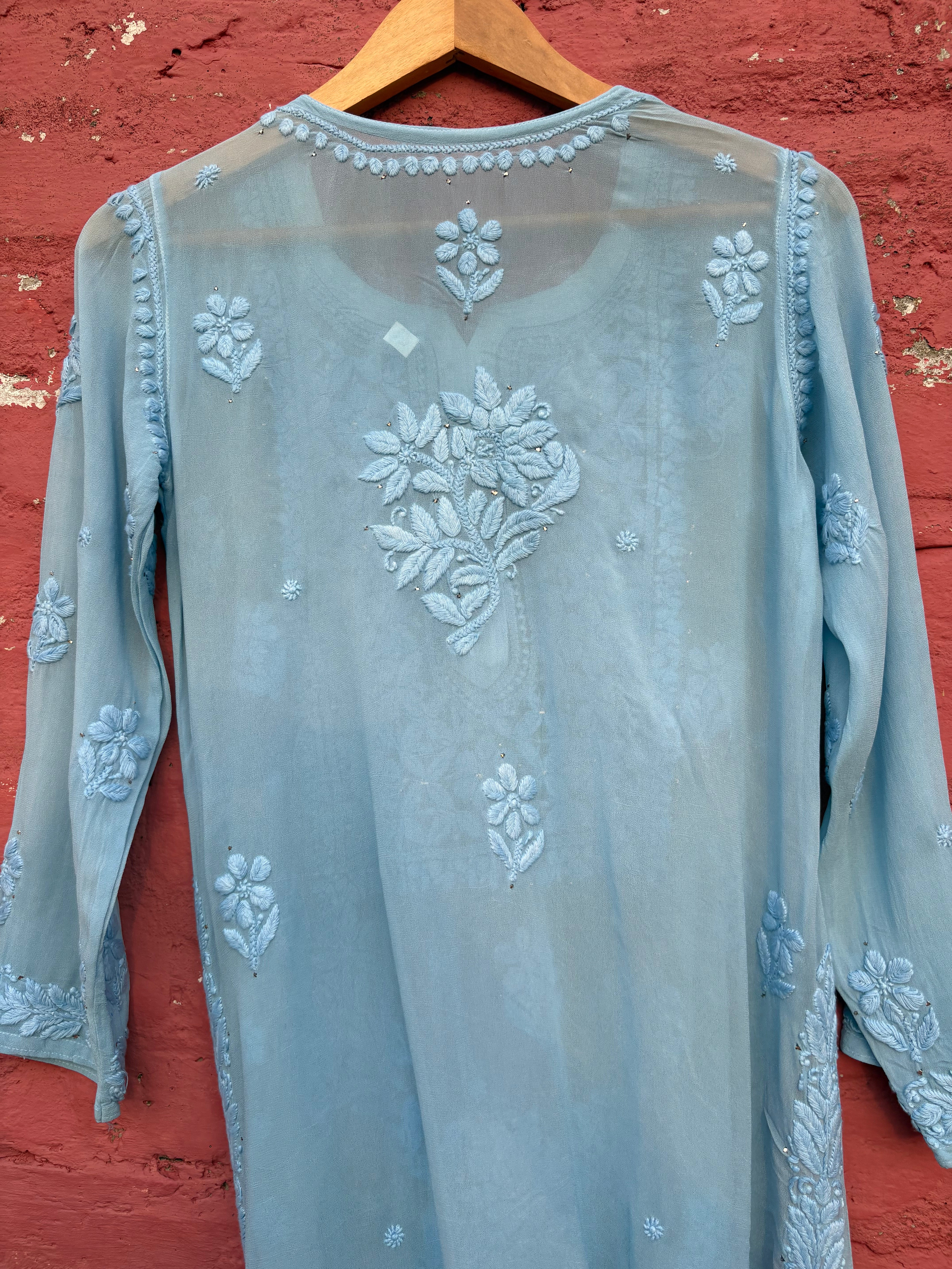 3D Viscose Georgette Mukaish Chikankari Kurta- Sky Blue