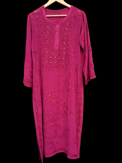 3D Viscose Georgette Mukaish Chikankari Kurta- Wine