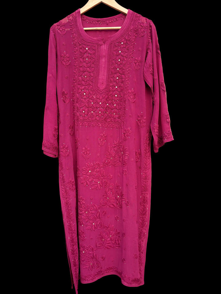 3D Viscose Georgette Mukaish Chikankari Kurta- Wine