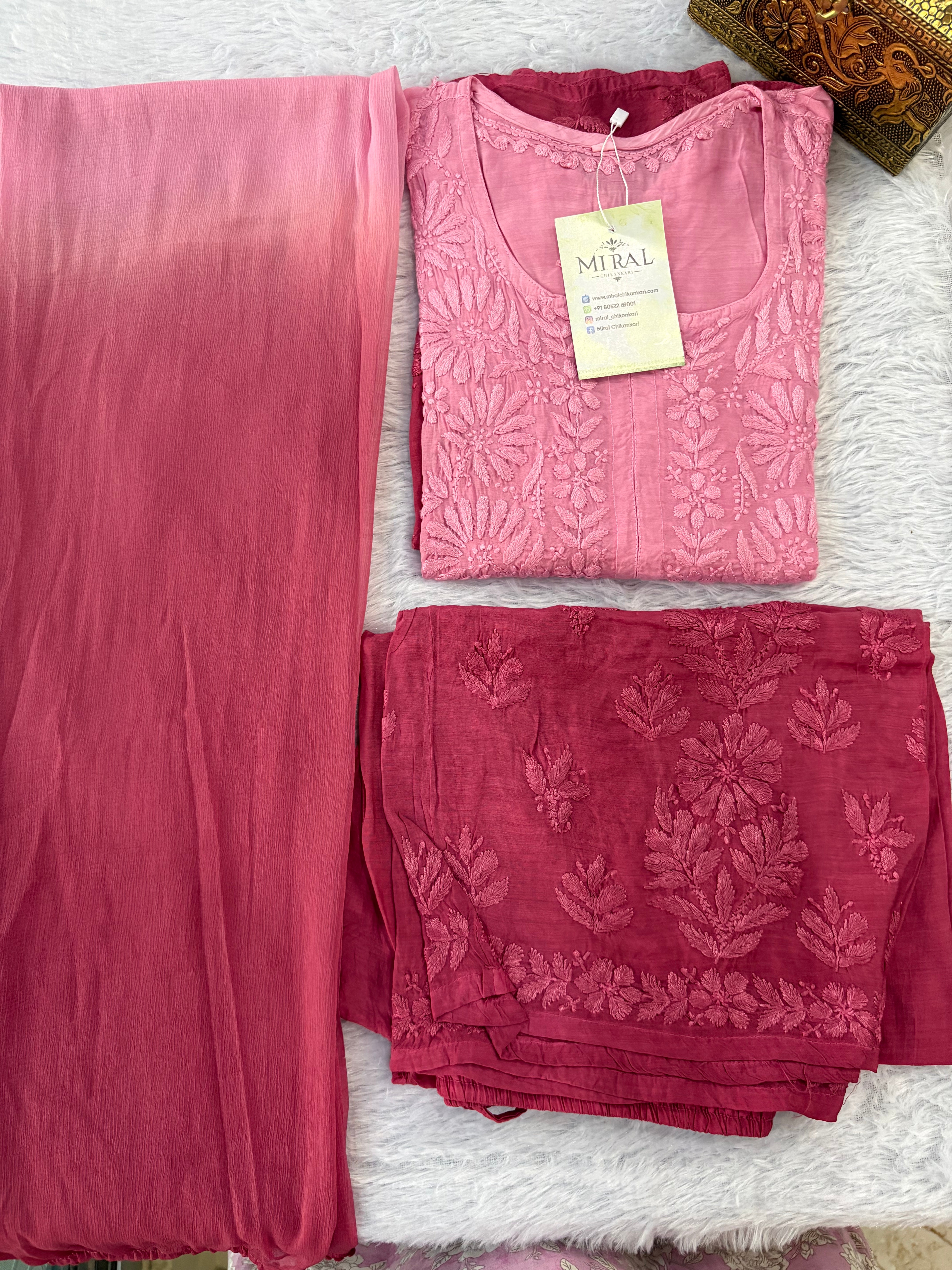 Rangreza Chikankari Suit Set- Rose Pink Ombre