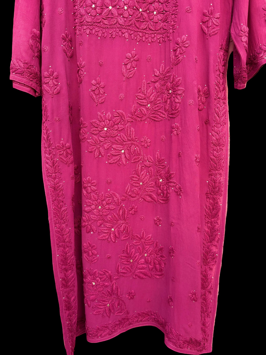 3D Viscose Georgette Mukaish Chikankari Kurta- Wine
