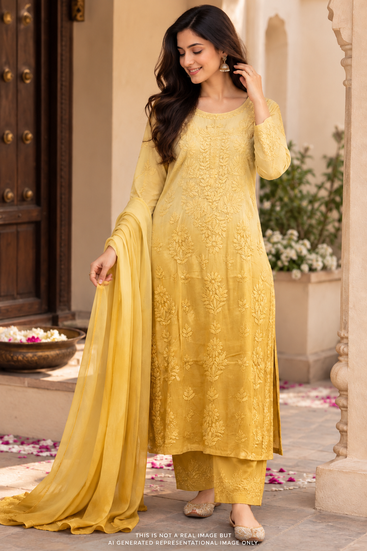 Rangreza Chikankari Suit Set- Golden Ombre