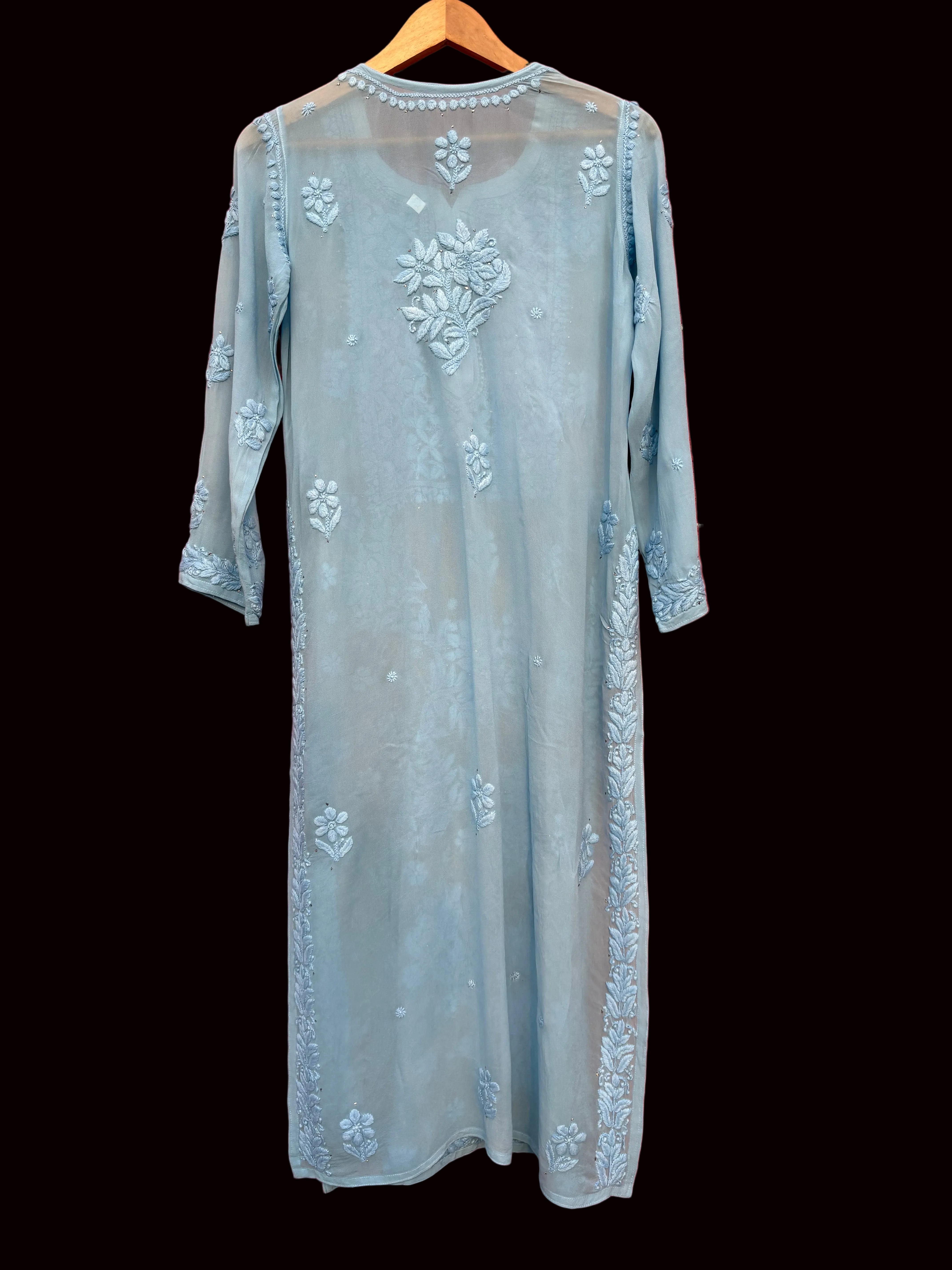 3D Viscose Georgette Mukaish Chikankari Kurta- Sky Blue