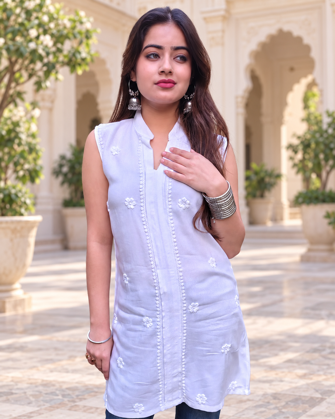 White  Luxury Rayon Chikankari Sleeveless Top