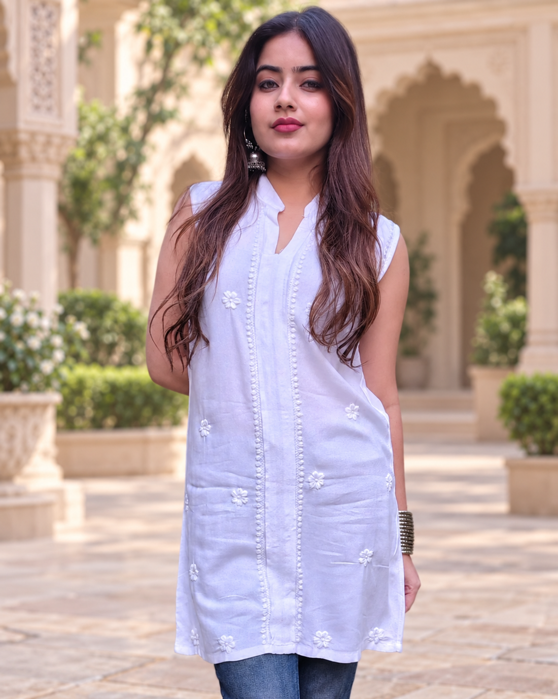 White  Luxury Rayon Chikankari Sleeveless Top