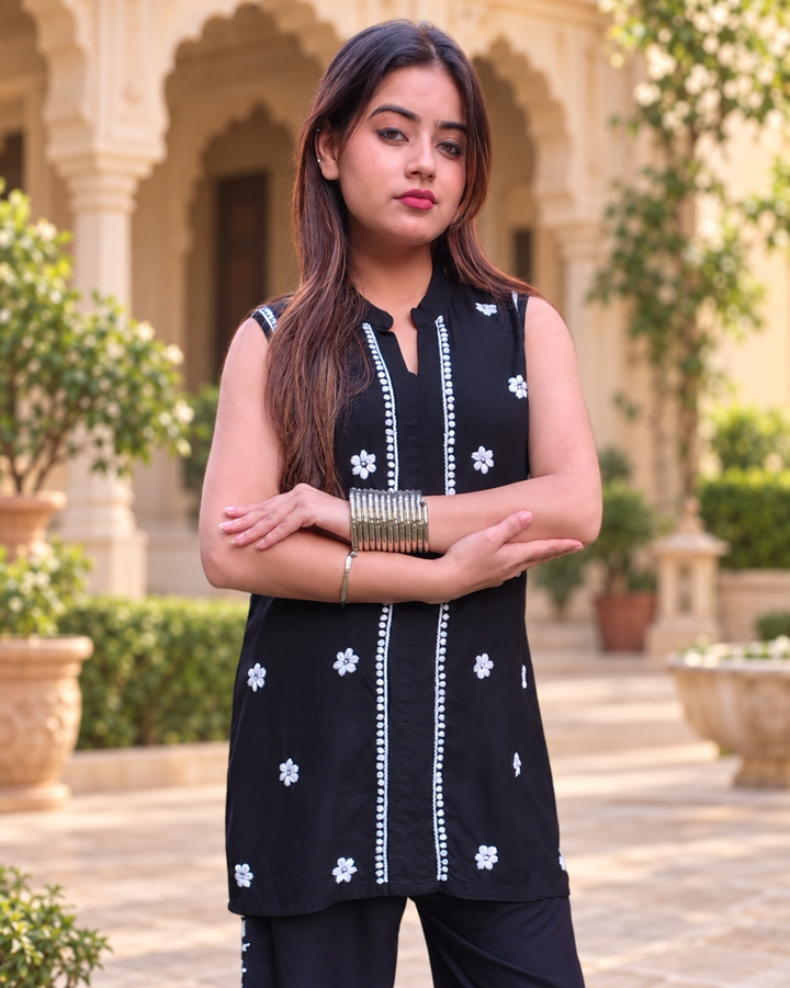 Black Floral Rayon 2-pc Co-ord set