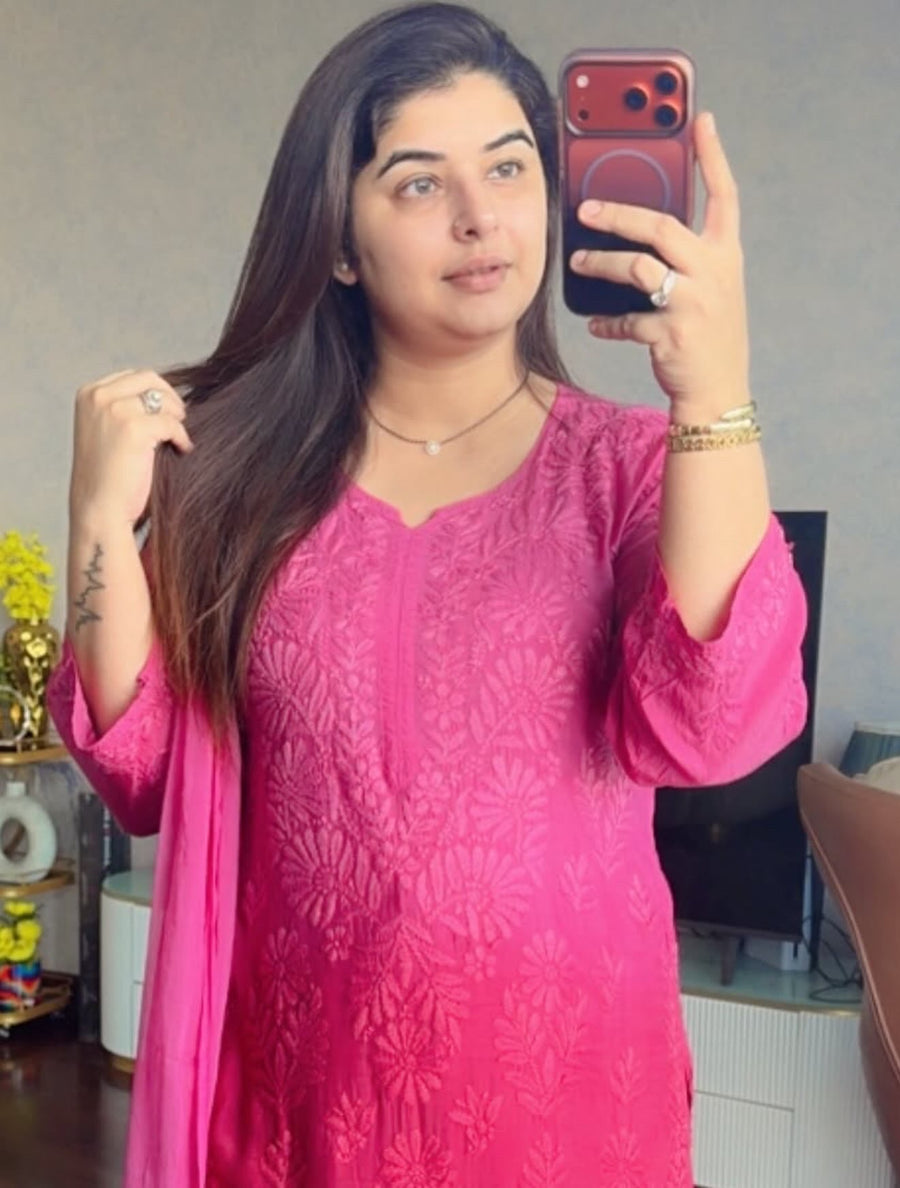 Rangreza Chikankari Suit Set- Rose Pink Ombre
