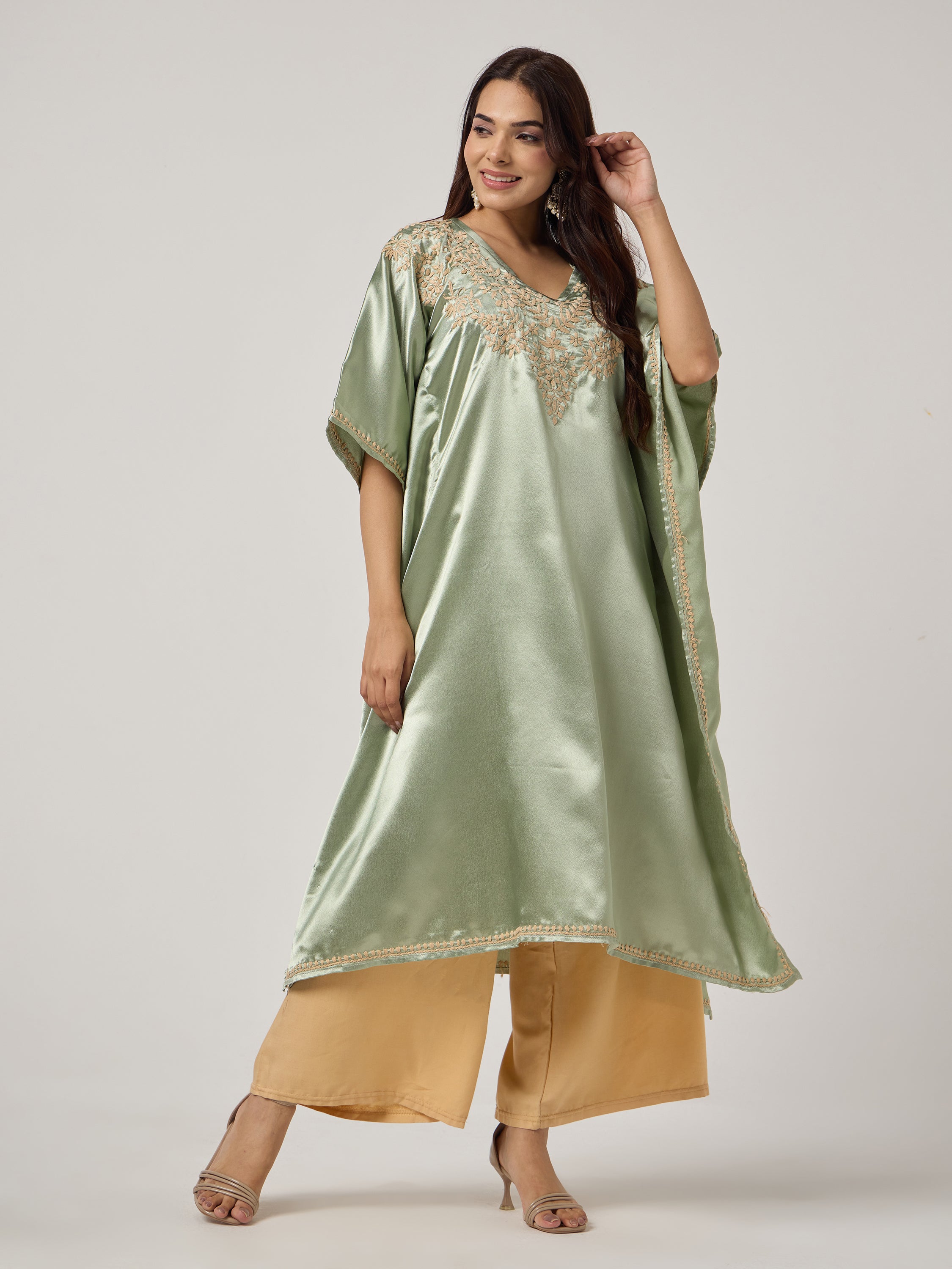 Chikankari Kaaftan- SAGE GREEN