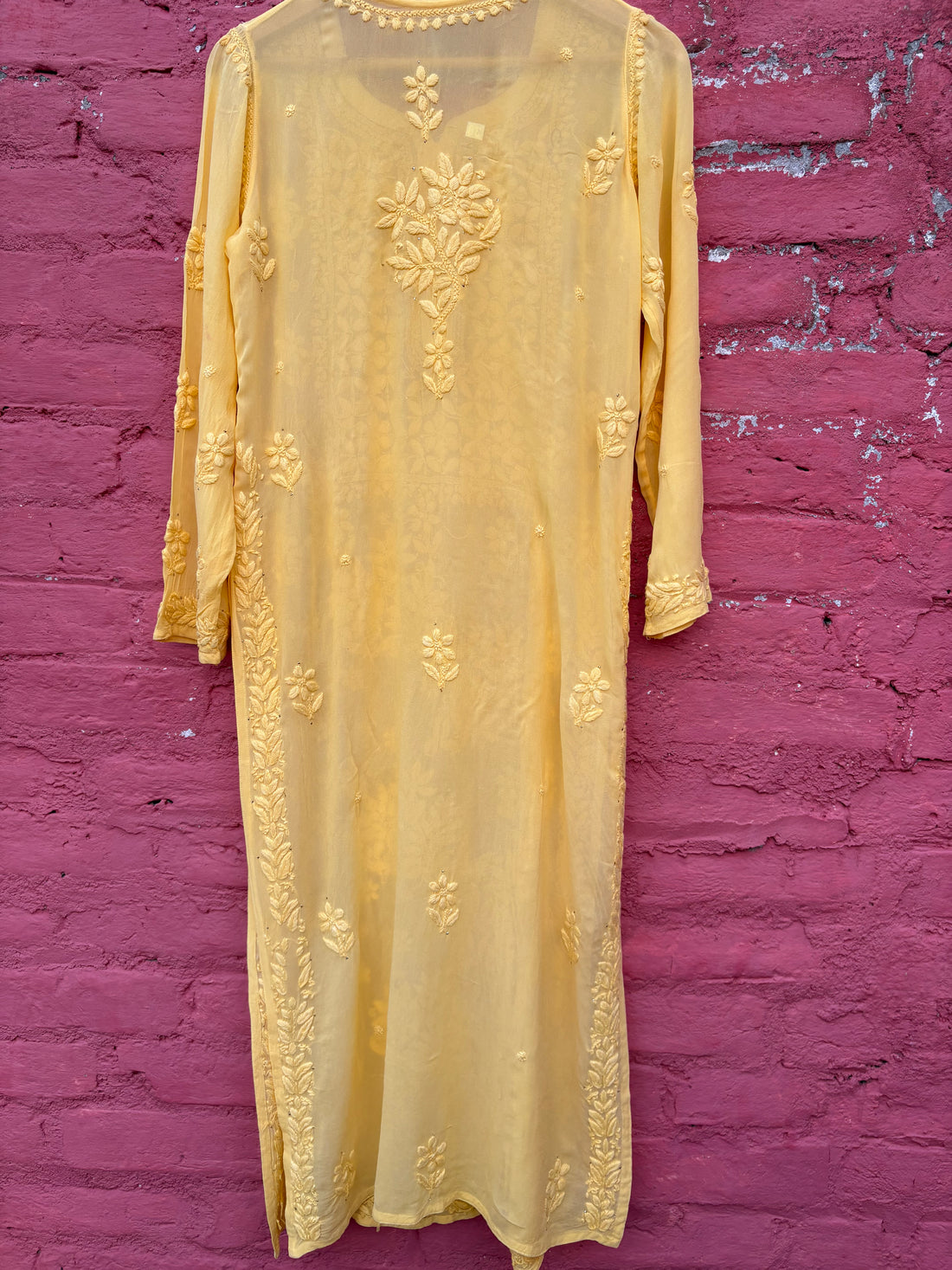 3D Viscose Georgette Mukaish Chikankari Kurta- Yellow