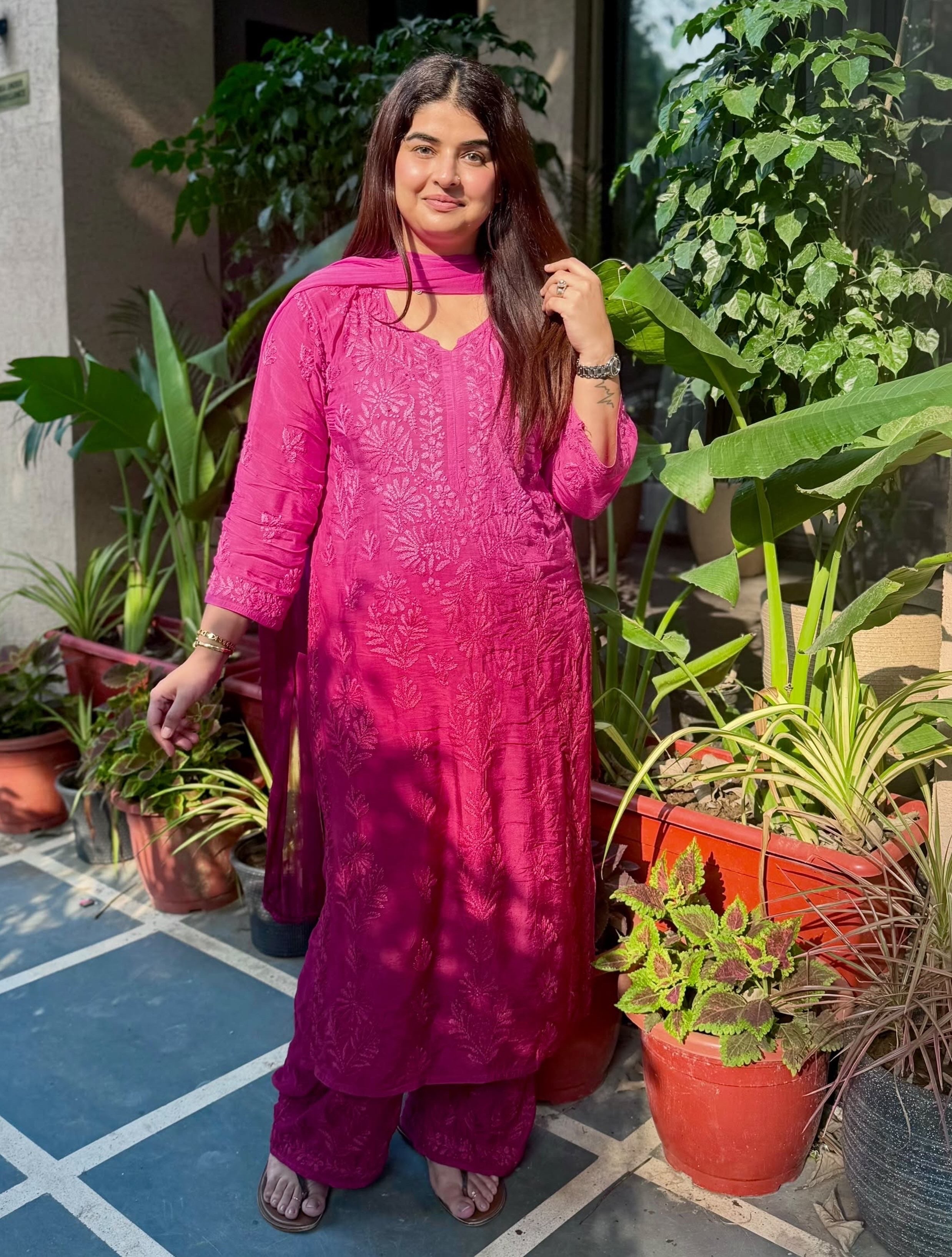 Rangreza Chikankari Suit Set- Rose Pink Ombre