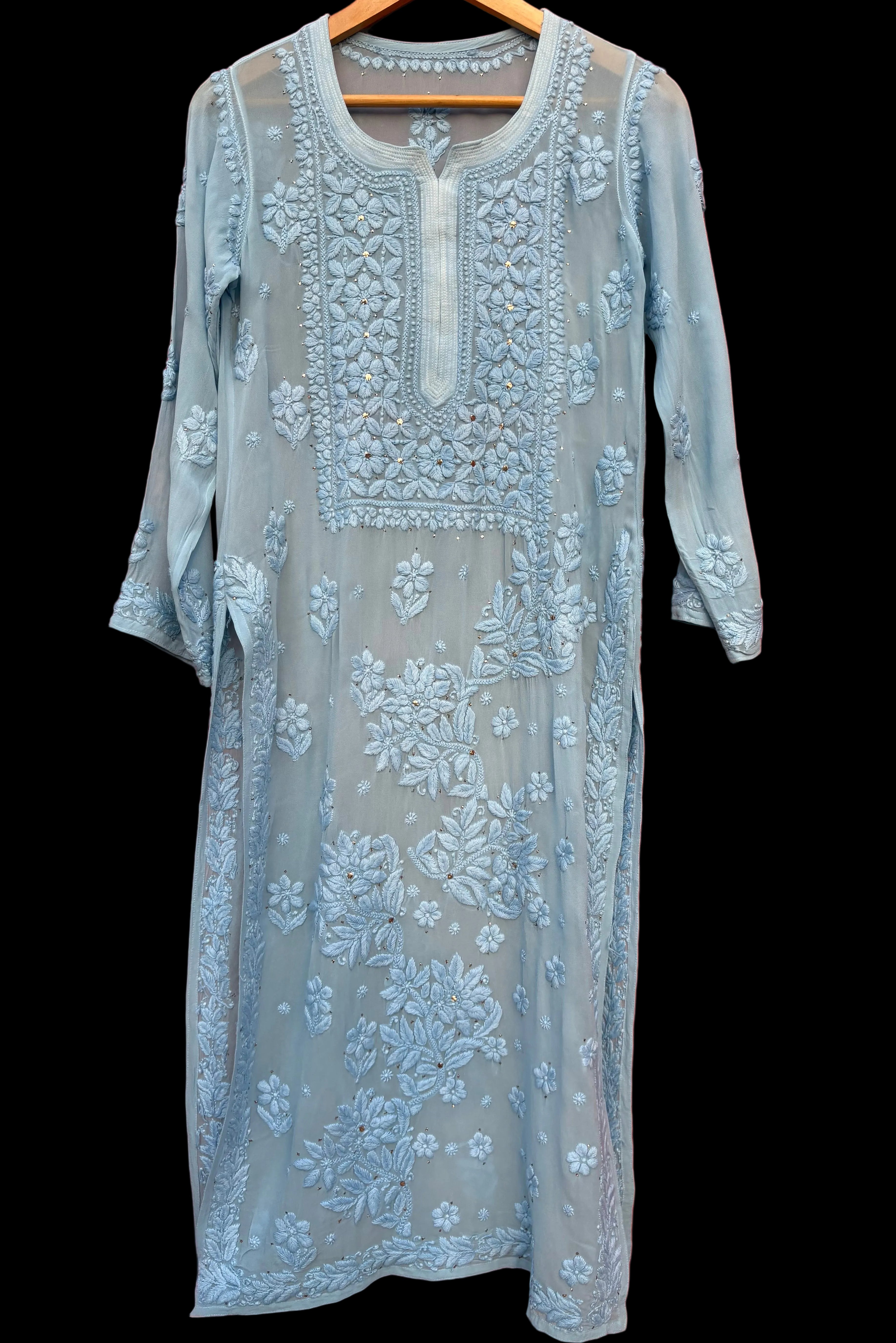 3D Viscose Georgette Mukaish Chikankari Kurta- Sky Blue
