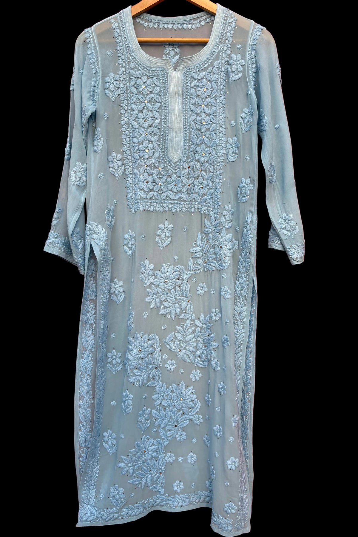3D Viscose Georgette Mukaish Chikankari Kurta- Sky Blue