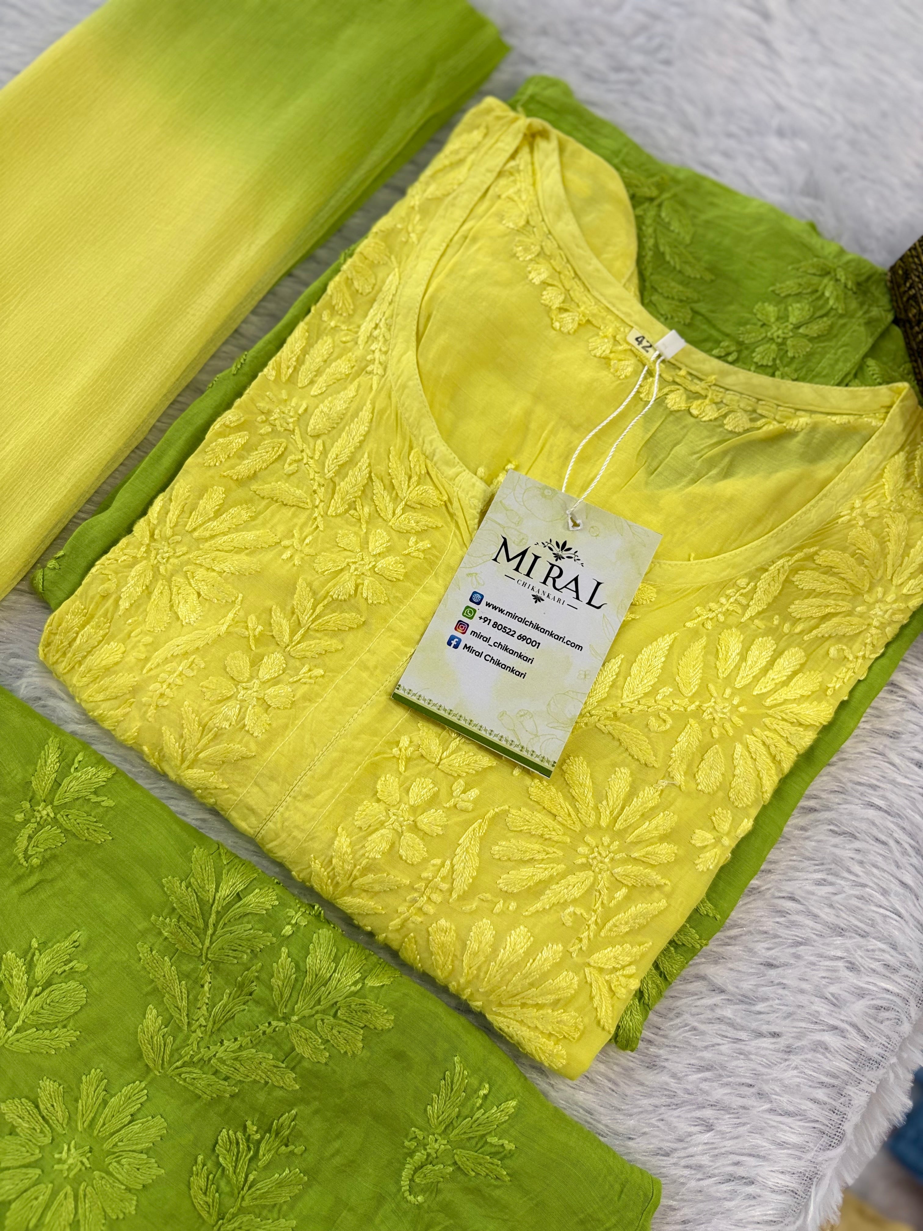 Rangreza Chikankari Suit Set- Yellow Green Ombre