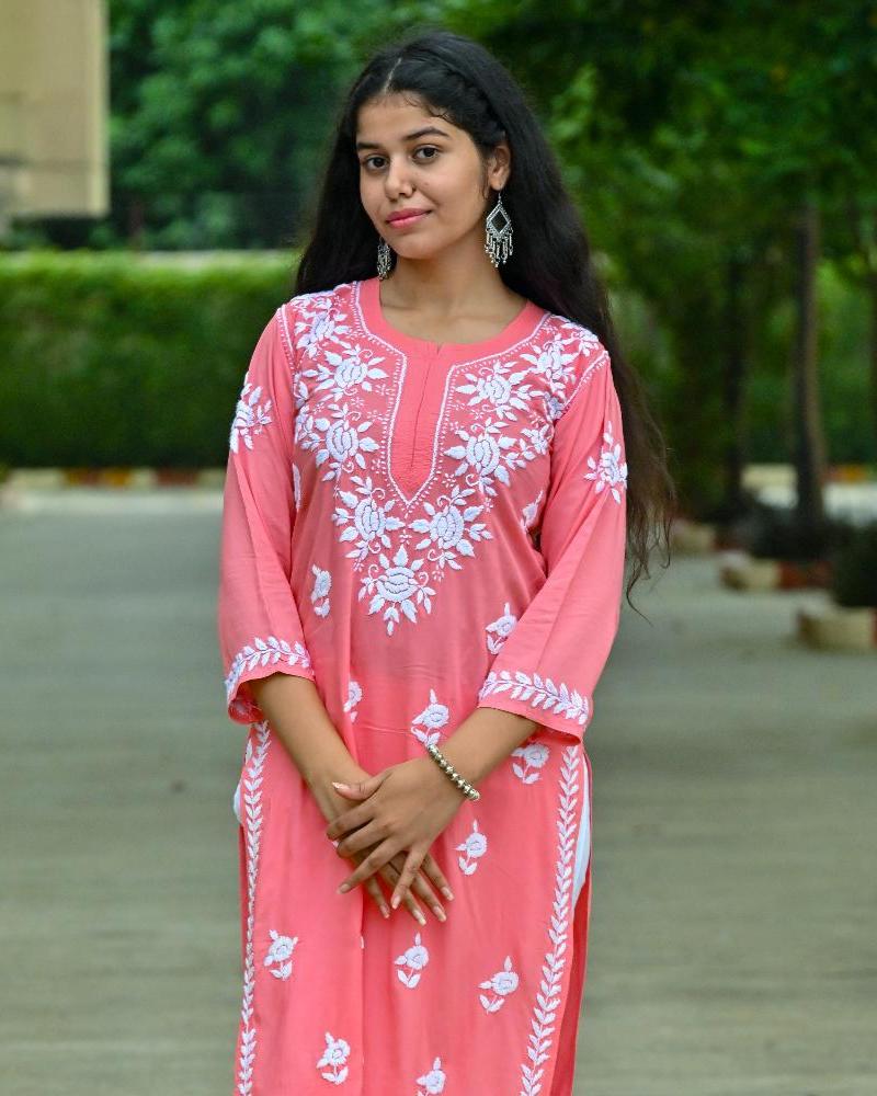 Mira Carrot Pink Modal  Chikankari Kurti