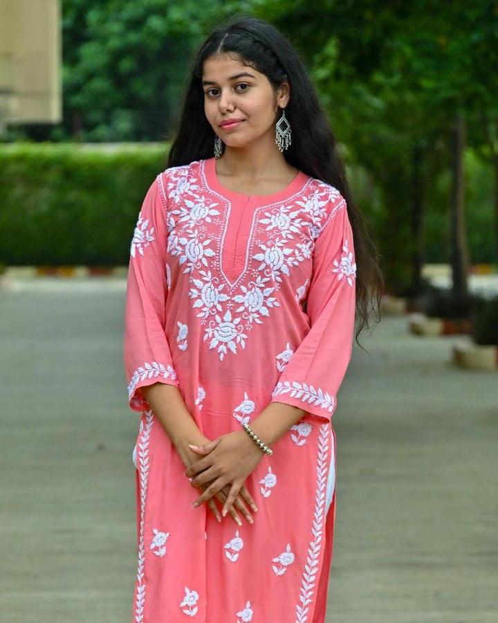 Mira Carrot Pink Modal  Chikankari Kurti