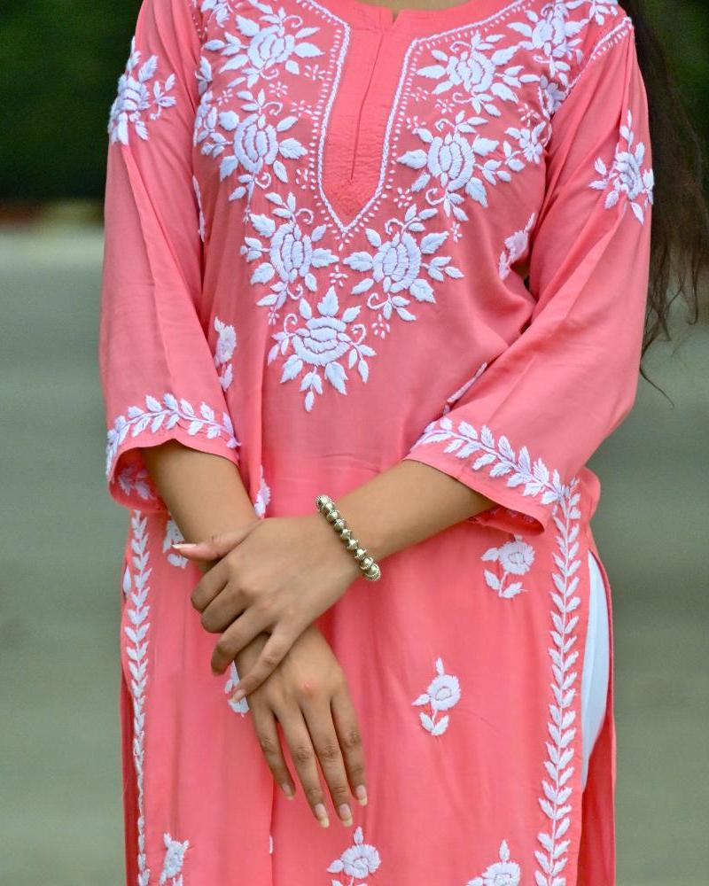 Mira Carrot Pink Modal  Chikankari Kurti