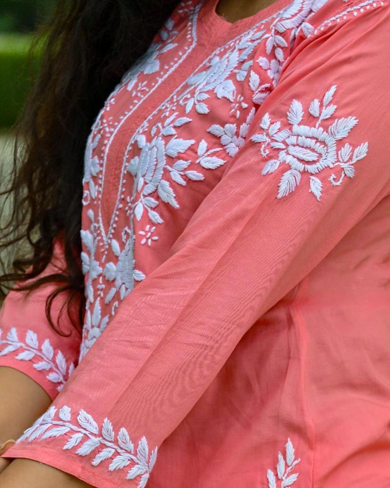 Mira Carrot Pink Modal  Chikankari Kurti