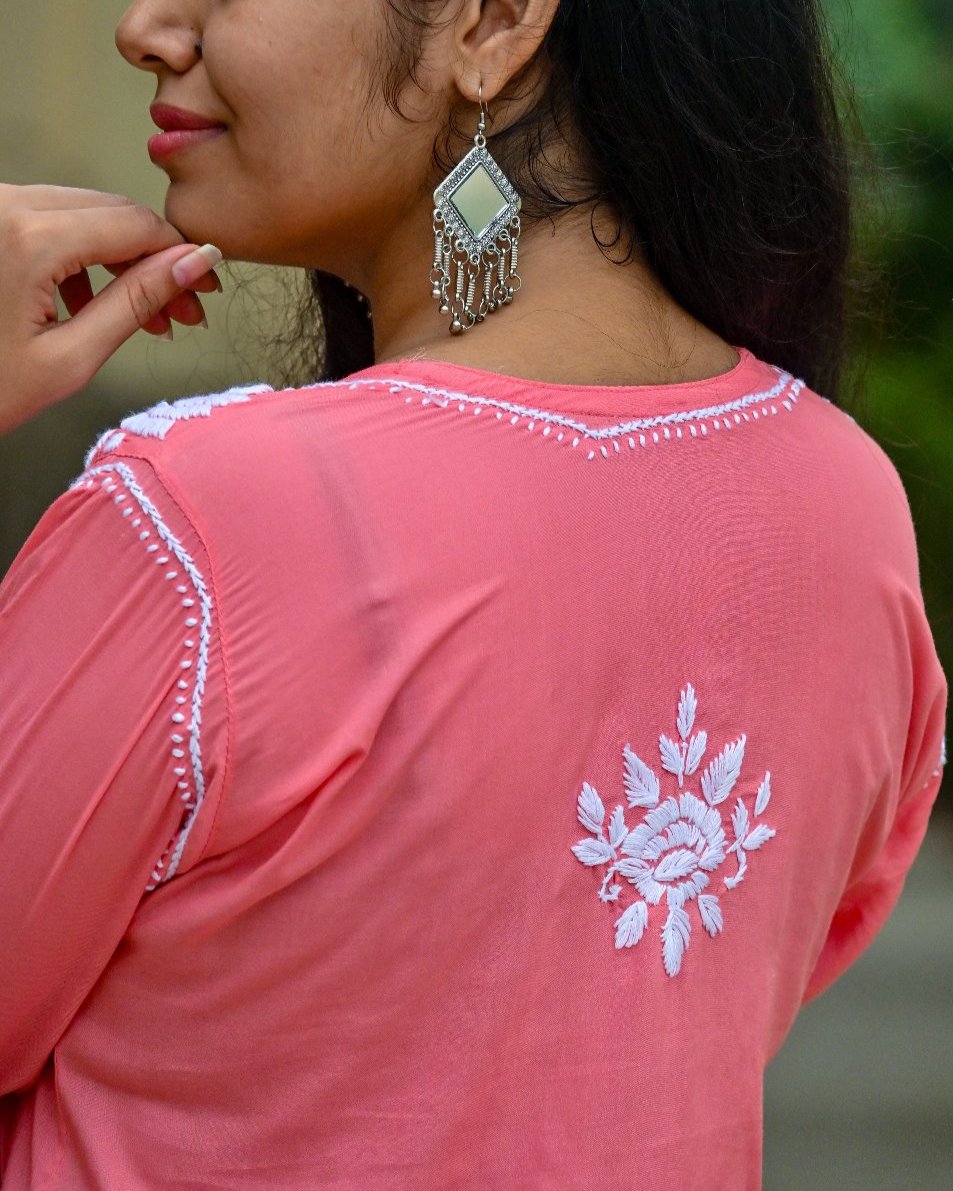 Mira Carrot Pink Modal  Chikankari Kurti