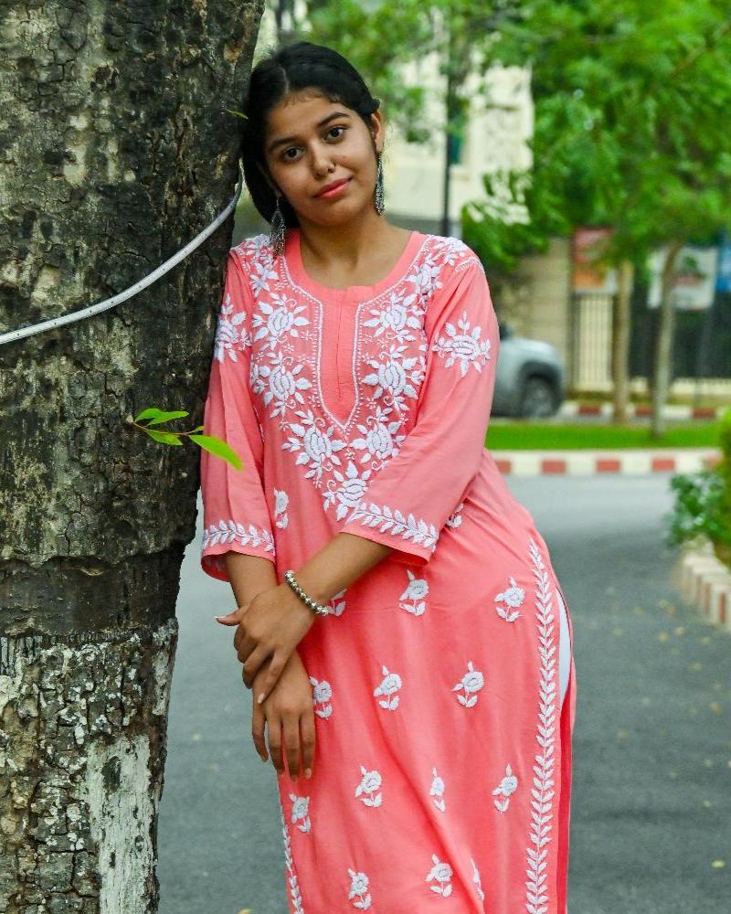 Mira Carrot Pink Modal  Chikankari Kurti