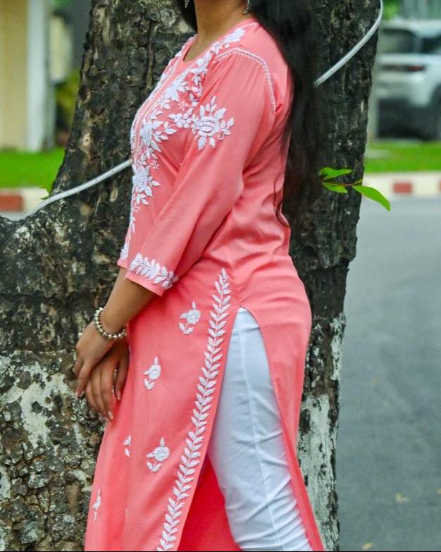 Mira Carrot Pink Modal  Chikankari Kurti