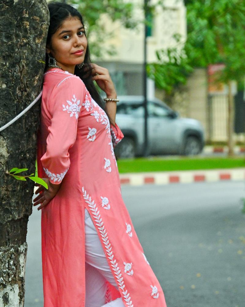 Mira Carrot Pink Modal  Chikankari Kurti