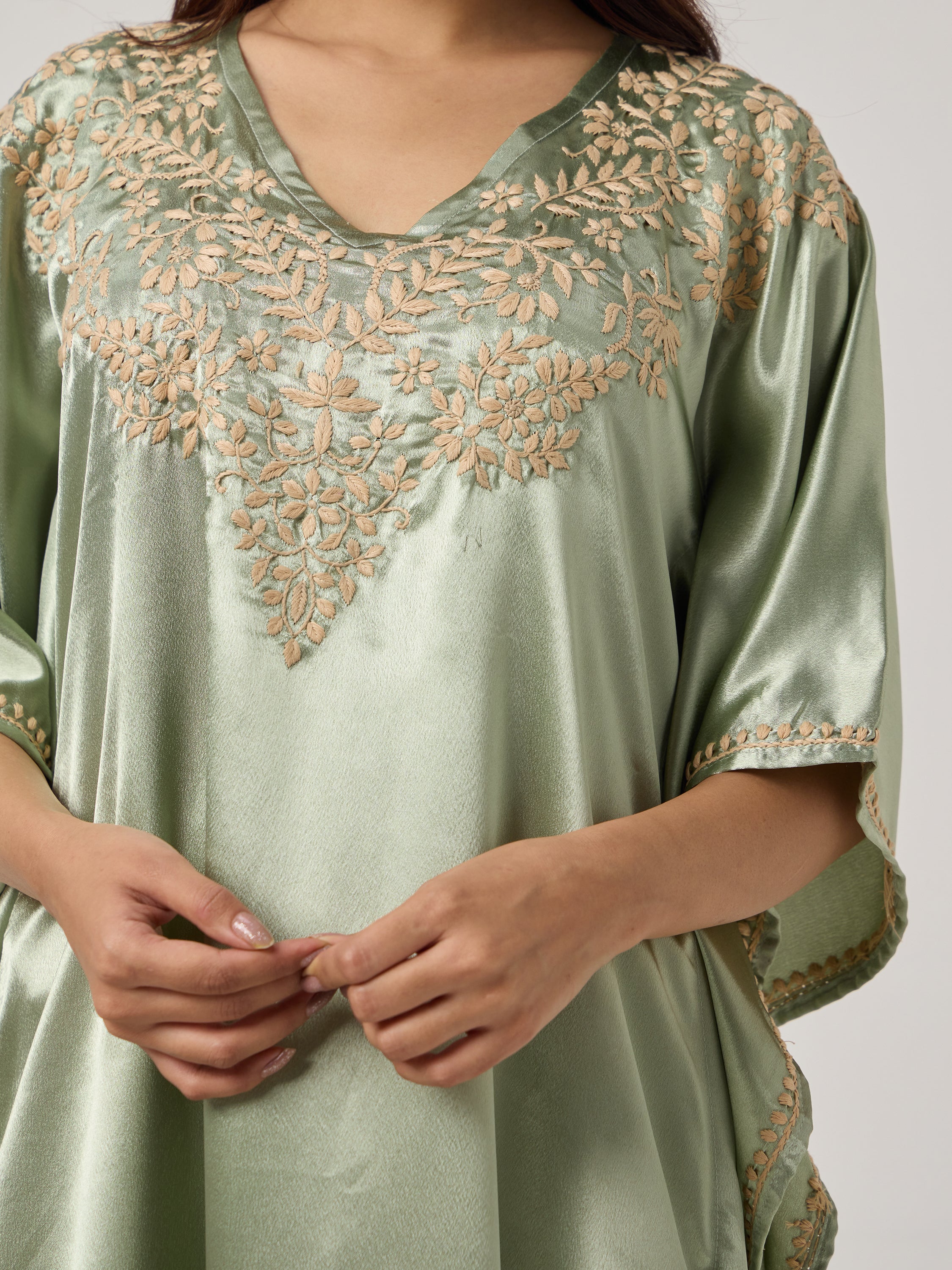 Chikankari Kaaftan- SAGE GREEN