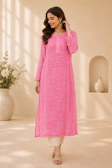 3D Viscose Georgette Mukaish Chikankari Kurta- Baby Pink