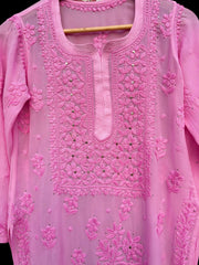 3D Viscose Georgette Mukaish Chikankari Kurta- Baby Pink