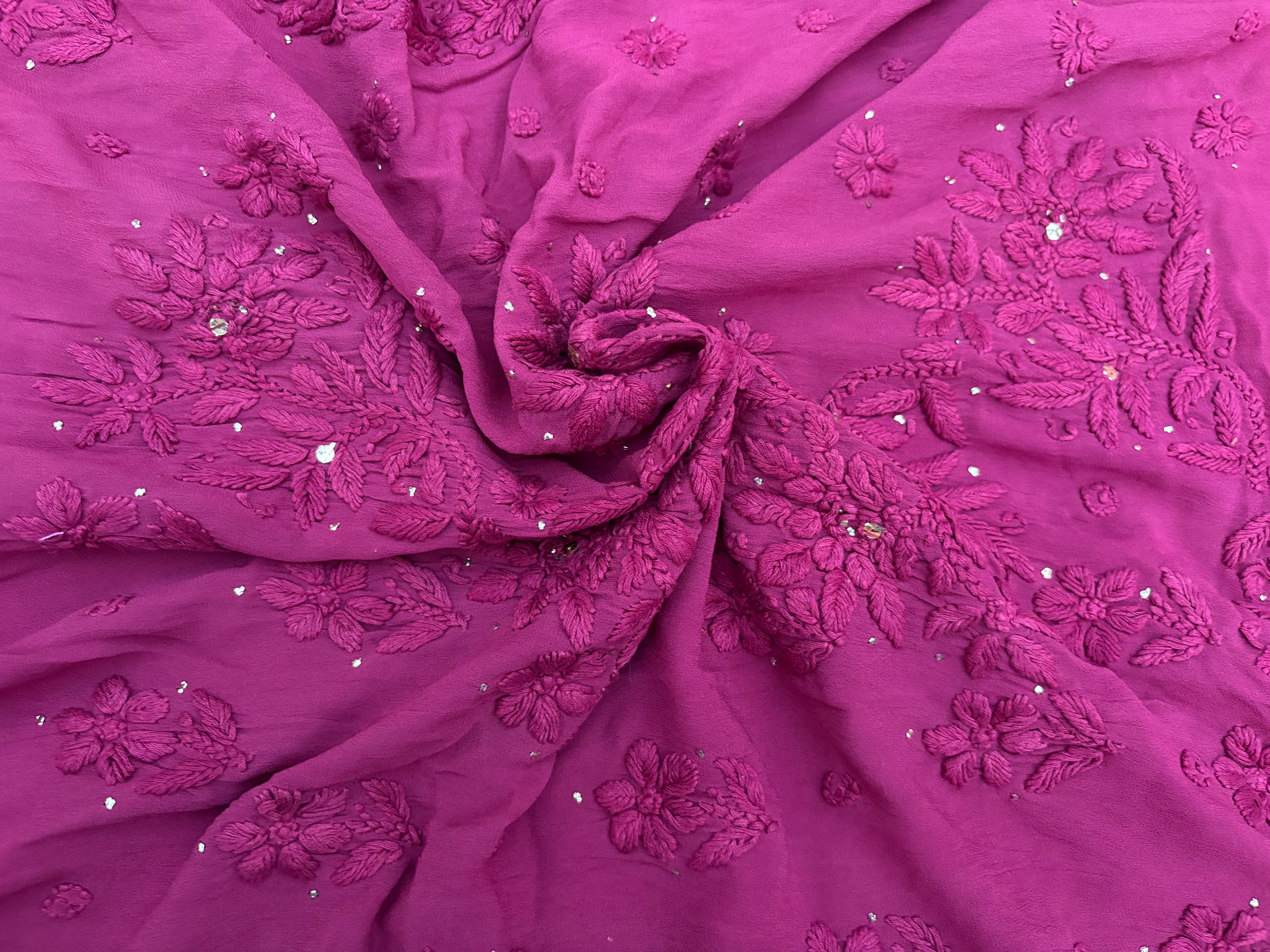 3D Viscose Georgette Mukaish Chikankari Kurta- Wine