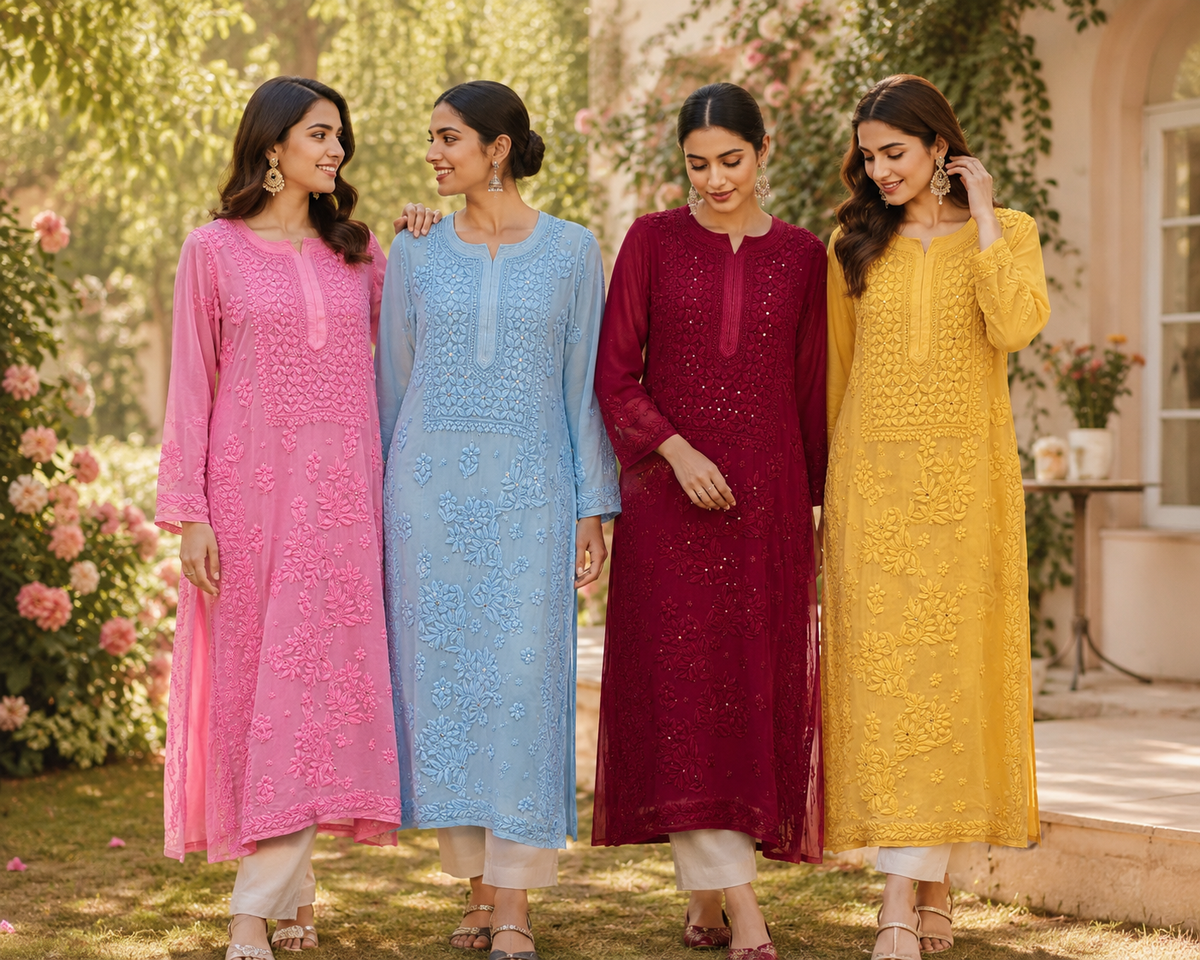 3D Viscose Georgette Mukaish Chikankari Kurta- Yellow