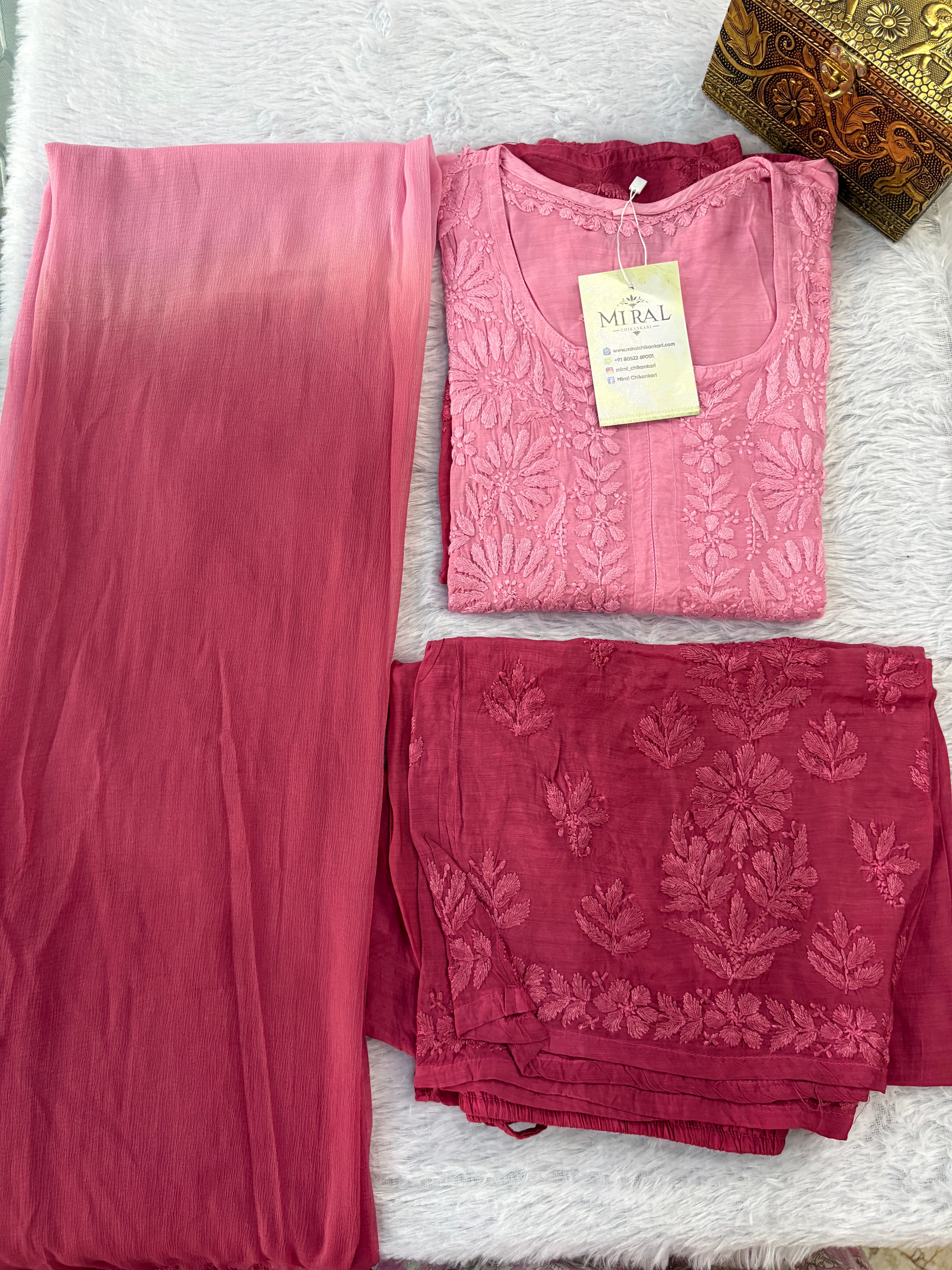 Rangreza Chikankari Suit Set- Rose Pink Ombre