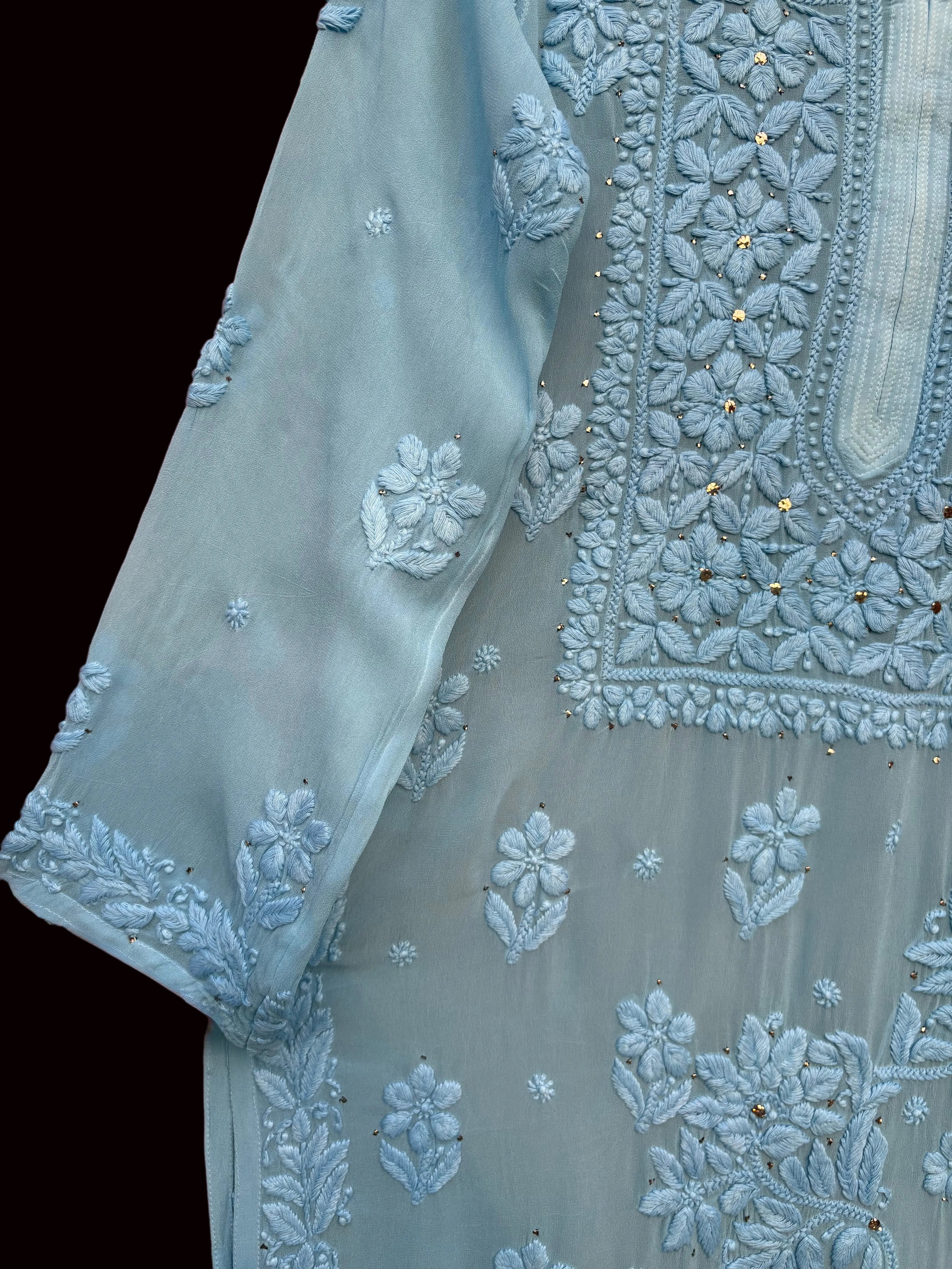 3D Viscose Georgette Mukaish Chikankari Kurta- Sky Blue