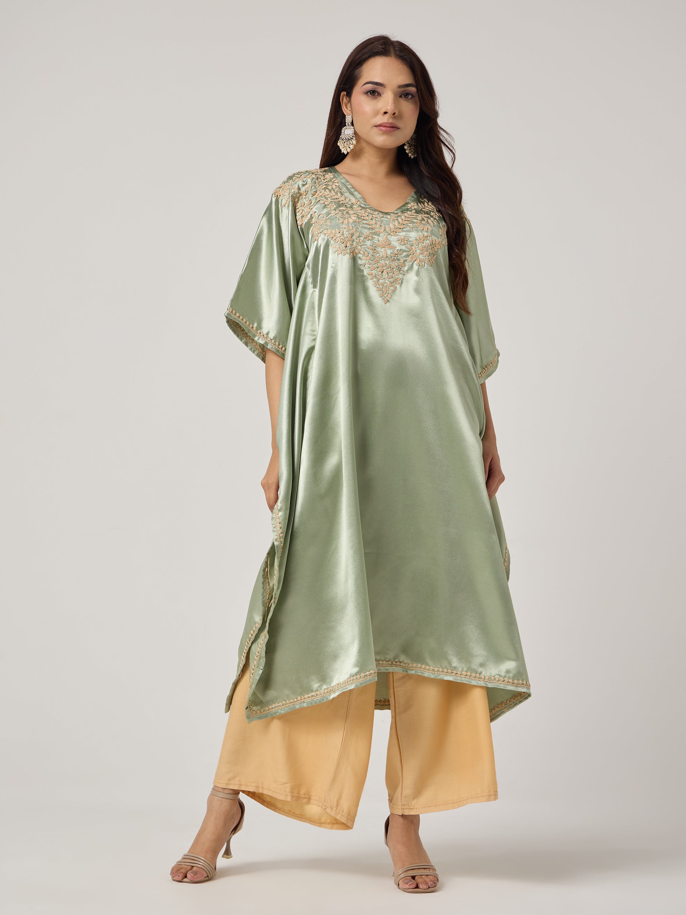 Chikankari Kaaftan- SAGE GREEN