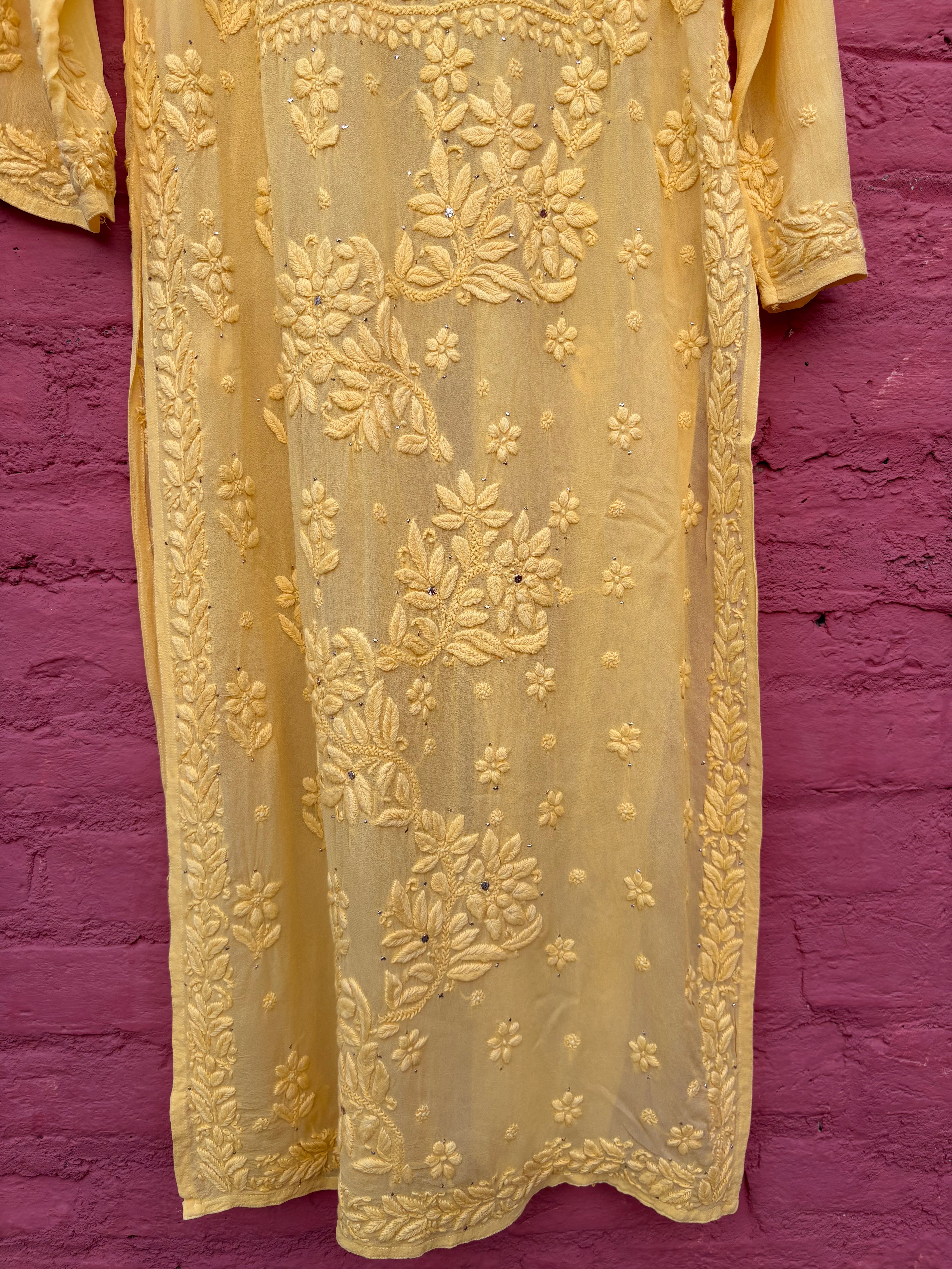 3D Viscose Georgette Mukaish Chikankari Kurta- Yellow