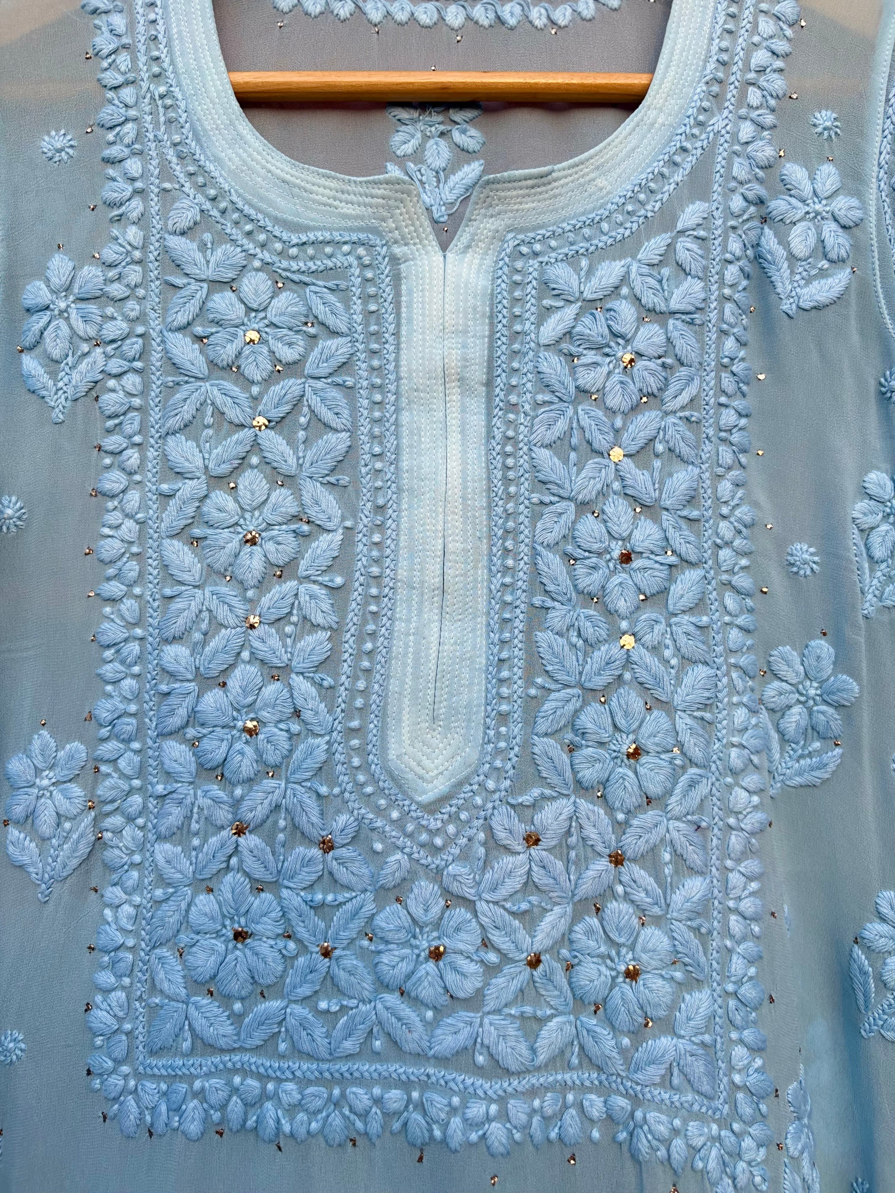 3D Viscose Georgette Mukaish Chikankari Kurta- Sky Blue