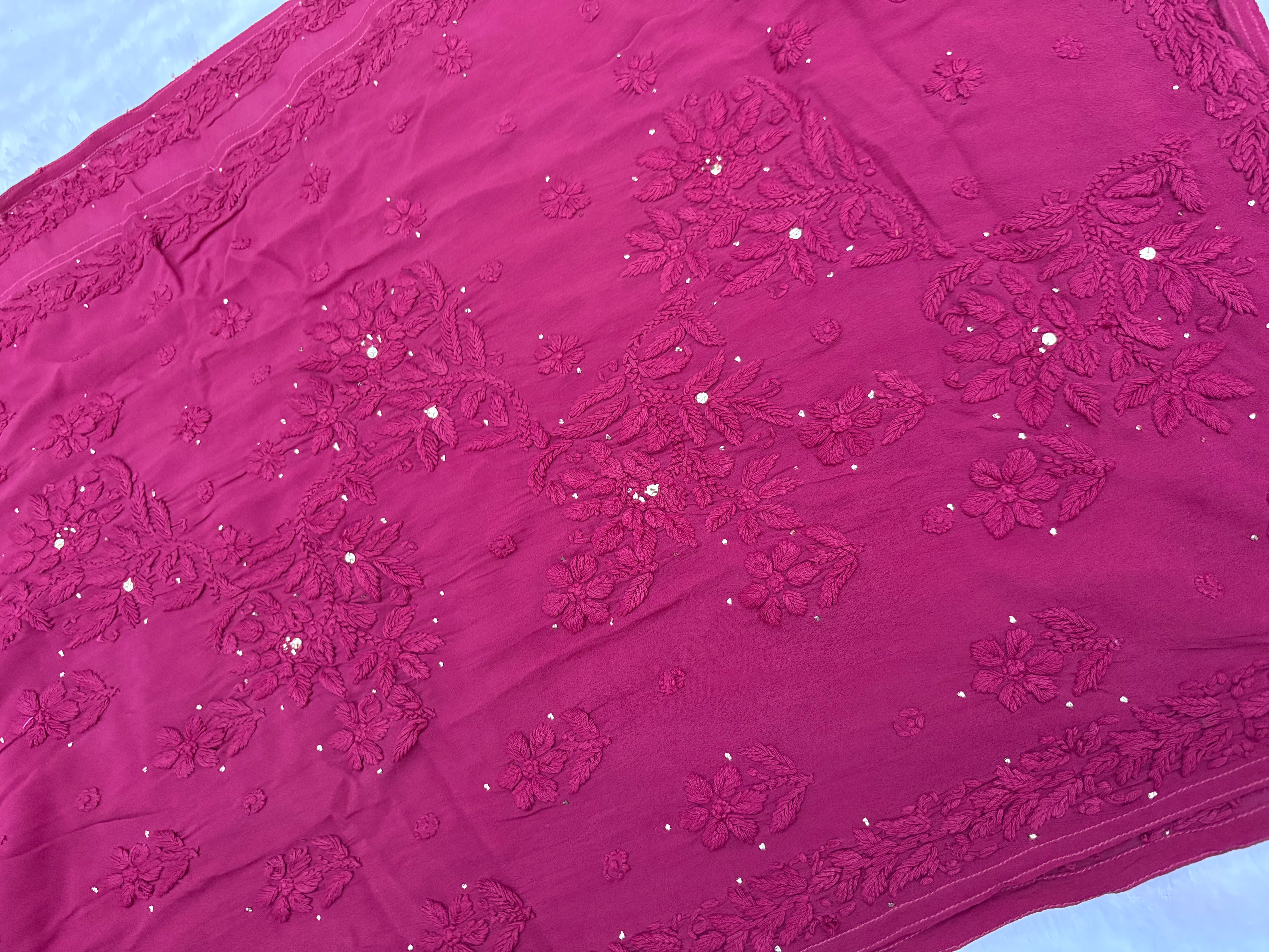 3D Viscose Georgette Mukaish Chikankari Kurta- Wine