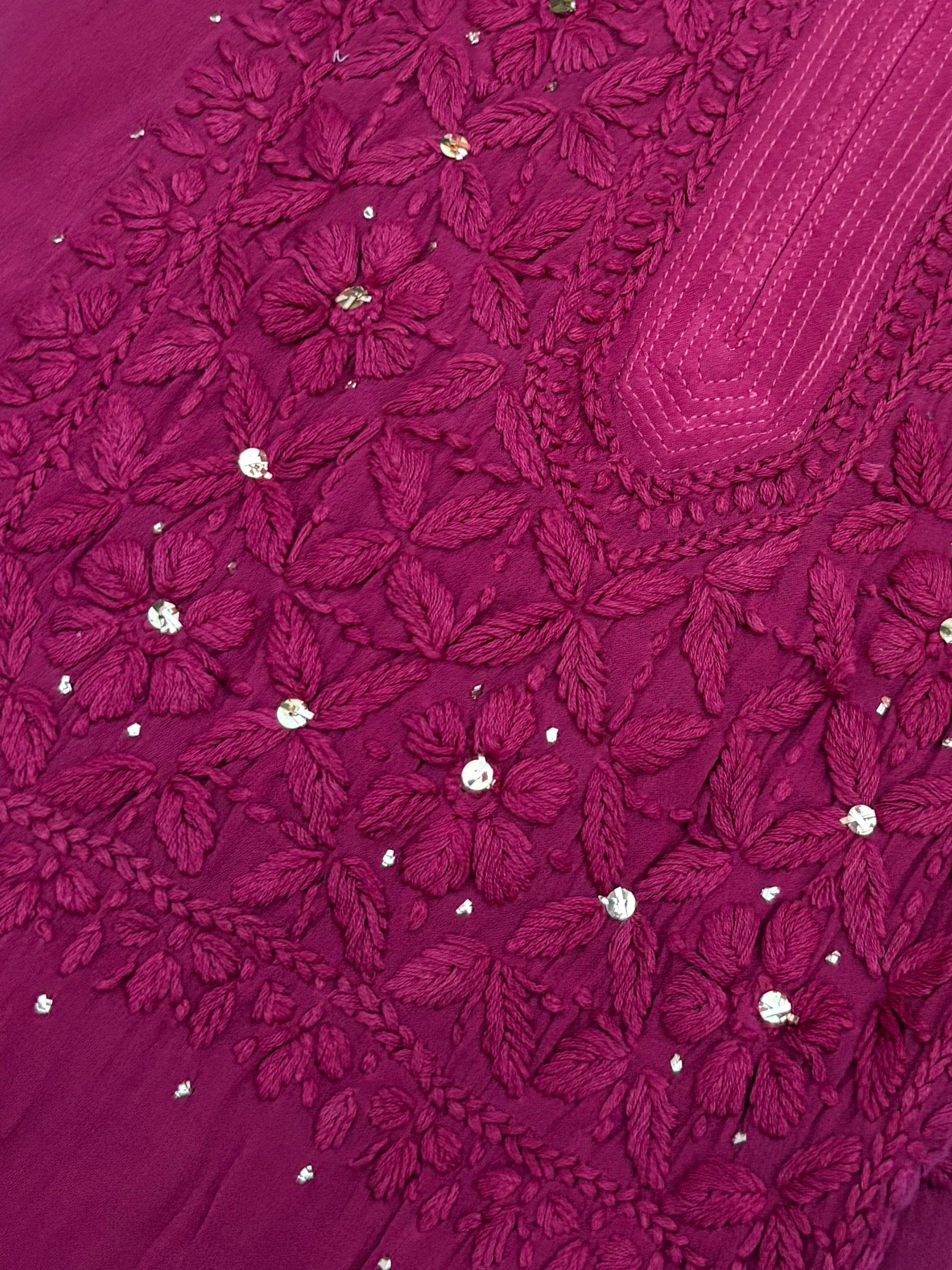 3D Viscose Georgette Mukaish Chikankari Kurta- Wine