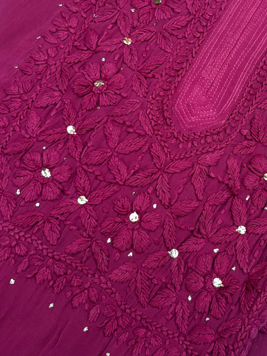 3D Viscose Georgette Mukaish Chikankari Kurta- Wine