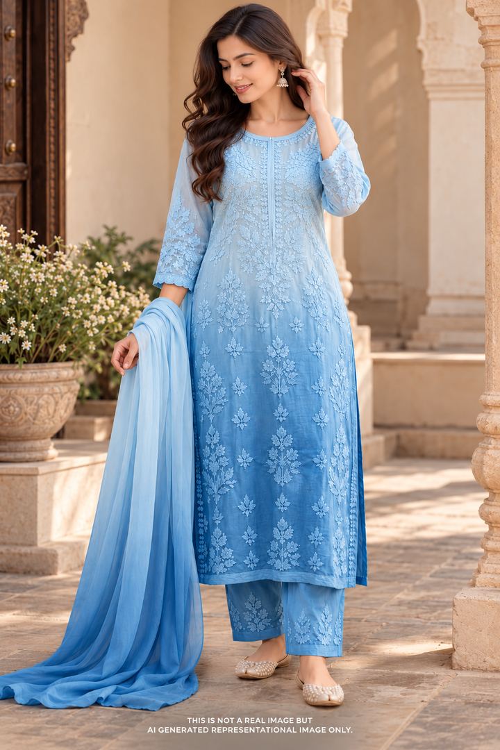 Rangreza Chikankari Suit Set- Powder Blue Ombre