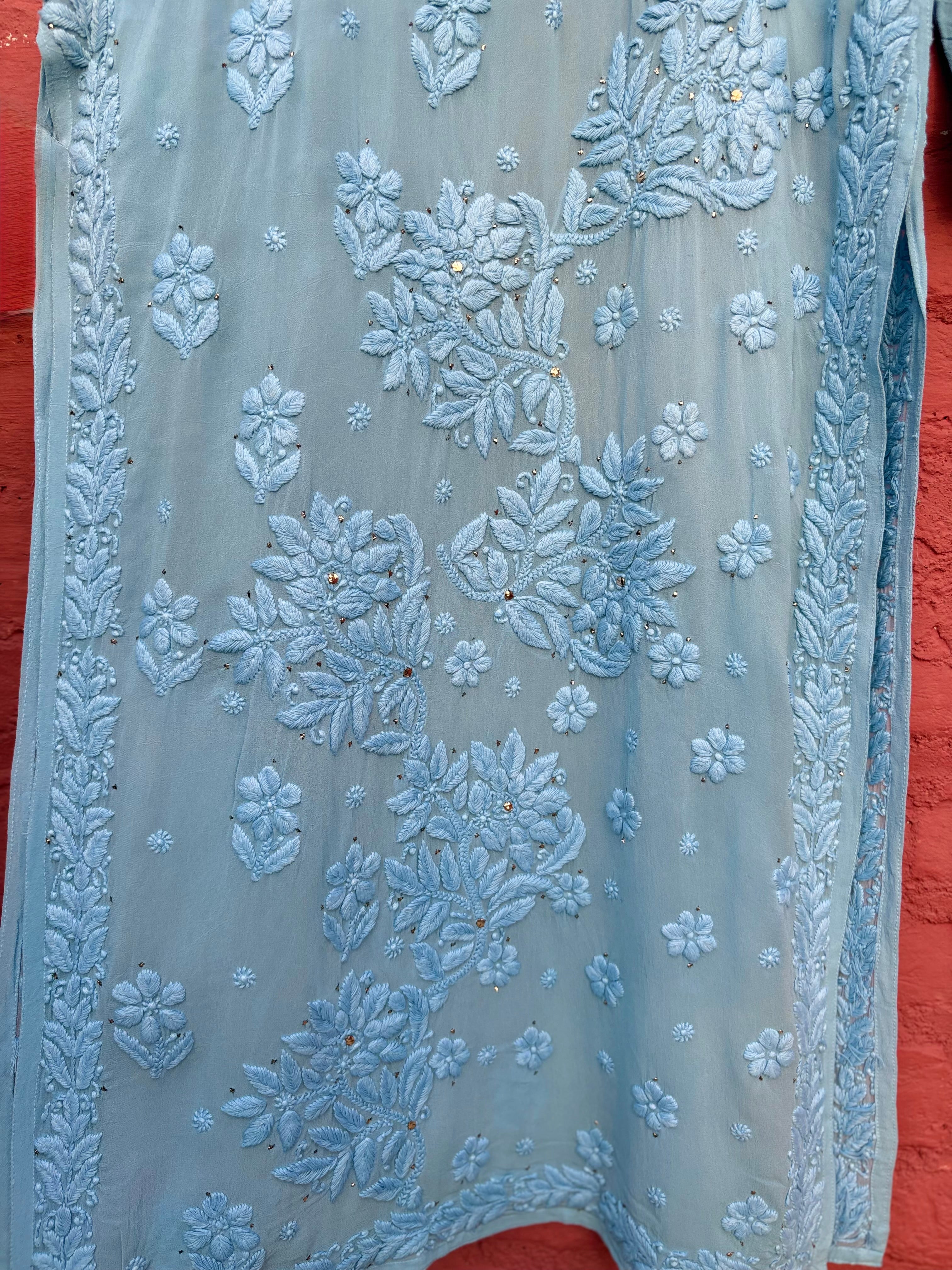 3D Viscose Georgette Mukaish Chikankari Kurta- Sky Blue
