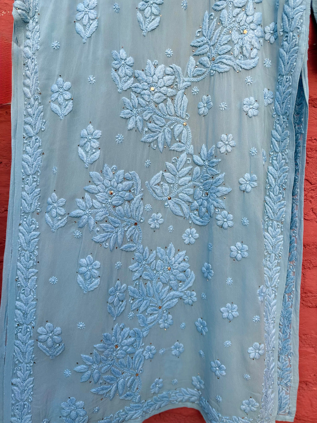 3D Viscose Georgette Mukaish Chikankari Kurta- Sky Blue