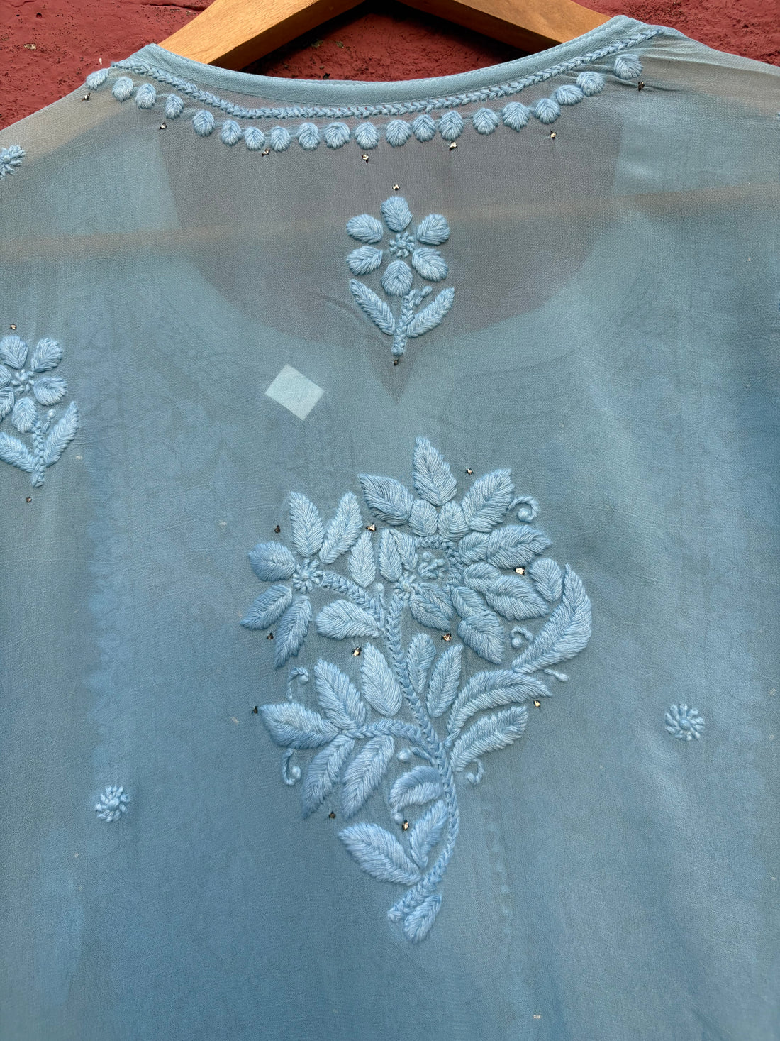 3D Viscose Georgette Mukaish Chikankari Kurta- Sky Blue