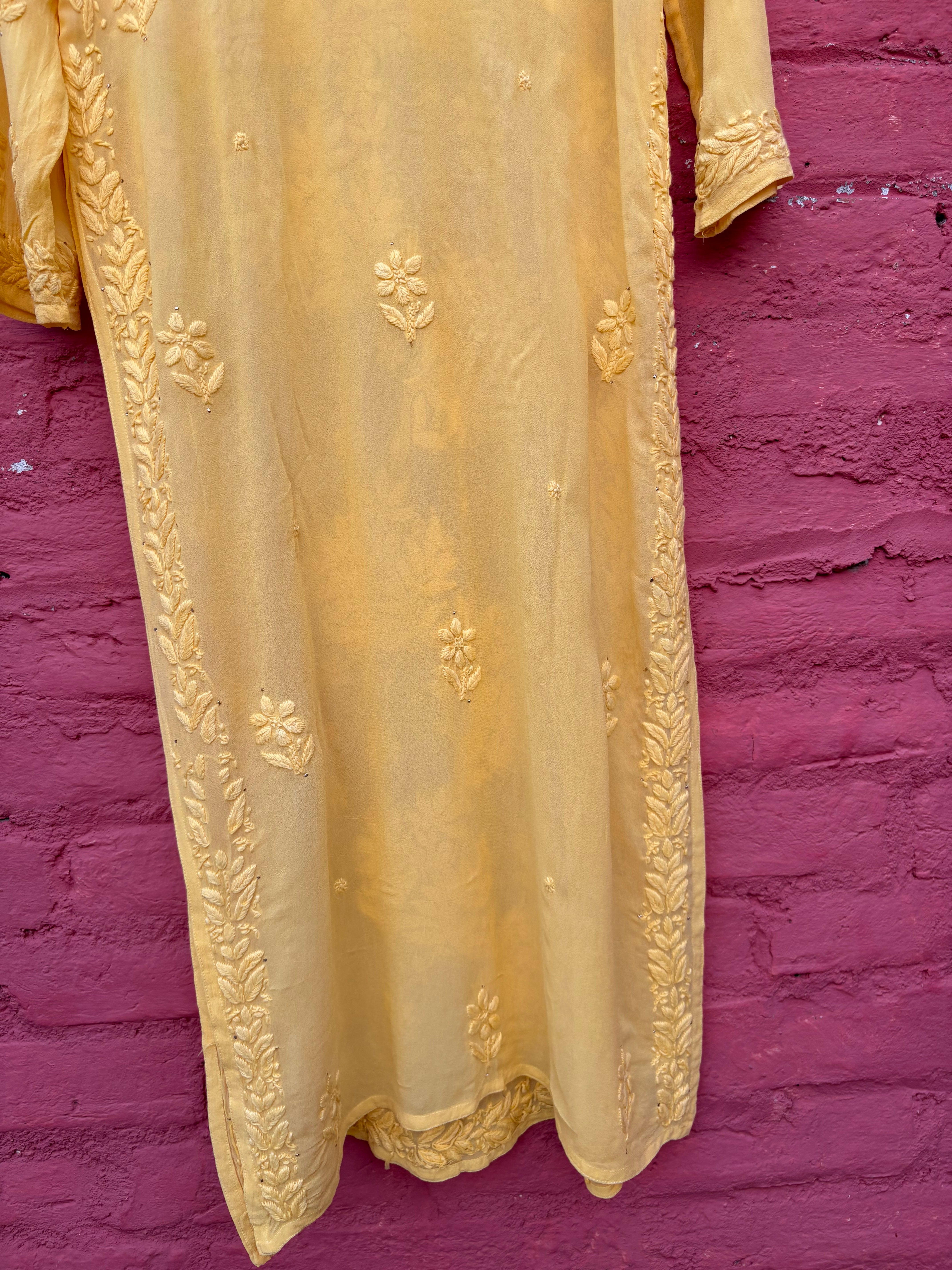 3D Viscose Georgette Mukaish Chikankari Kurta- Yellow
