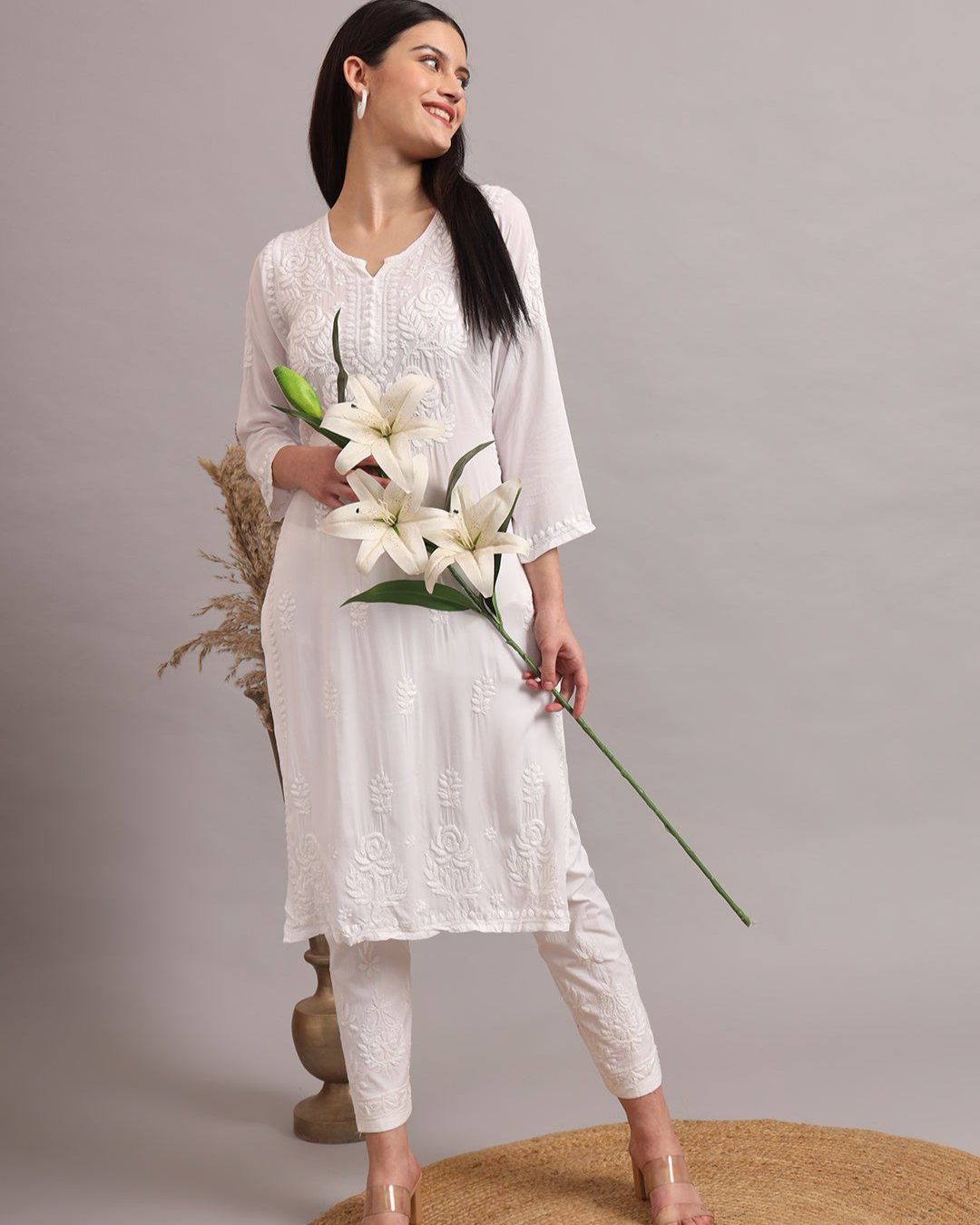 NOOR Soft Modal White Chikankari Kurta