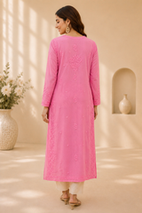 3D Viscose Georgette Mukaish Chikankari Kurta- Baby Pink
