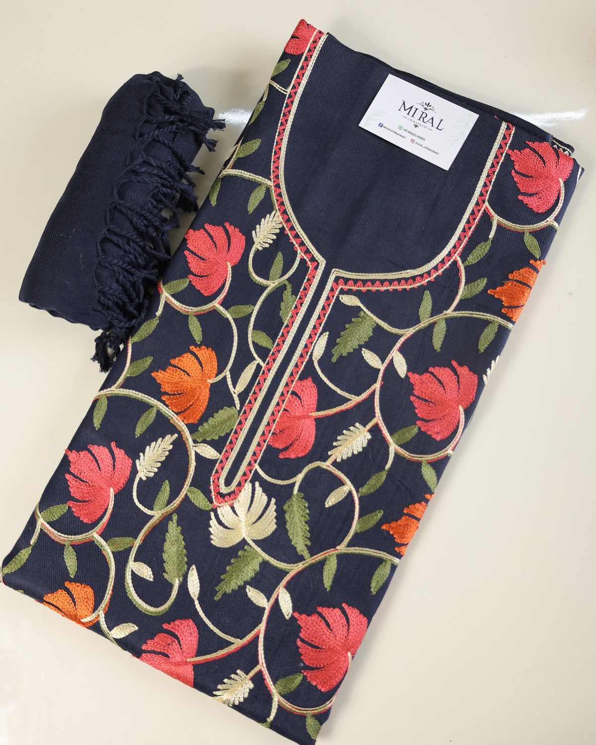 Gulnar – Kashmiri Inspired Aari Work Unstitched 3-Piece Suit Set (NAVY BLUE)