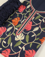 Gulnar – Kashmiri Inspired Aari Work Unstitched 3-Piece Suit Set (NAVY BLUE)